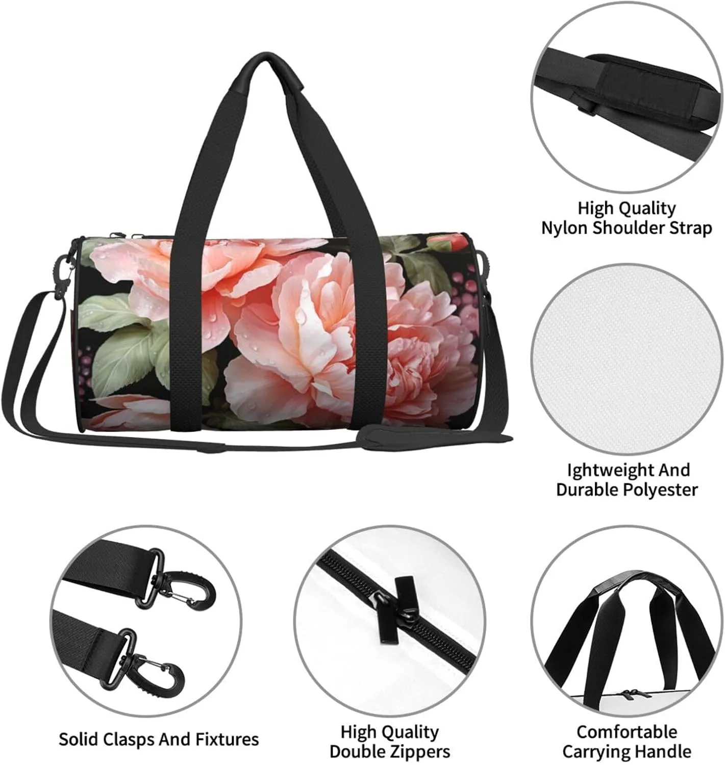 Gym Bags Small Peony Flowers Rose Duffel Bag Overnight Bag with Shoe Compartment Carryon Bag for Men Women