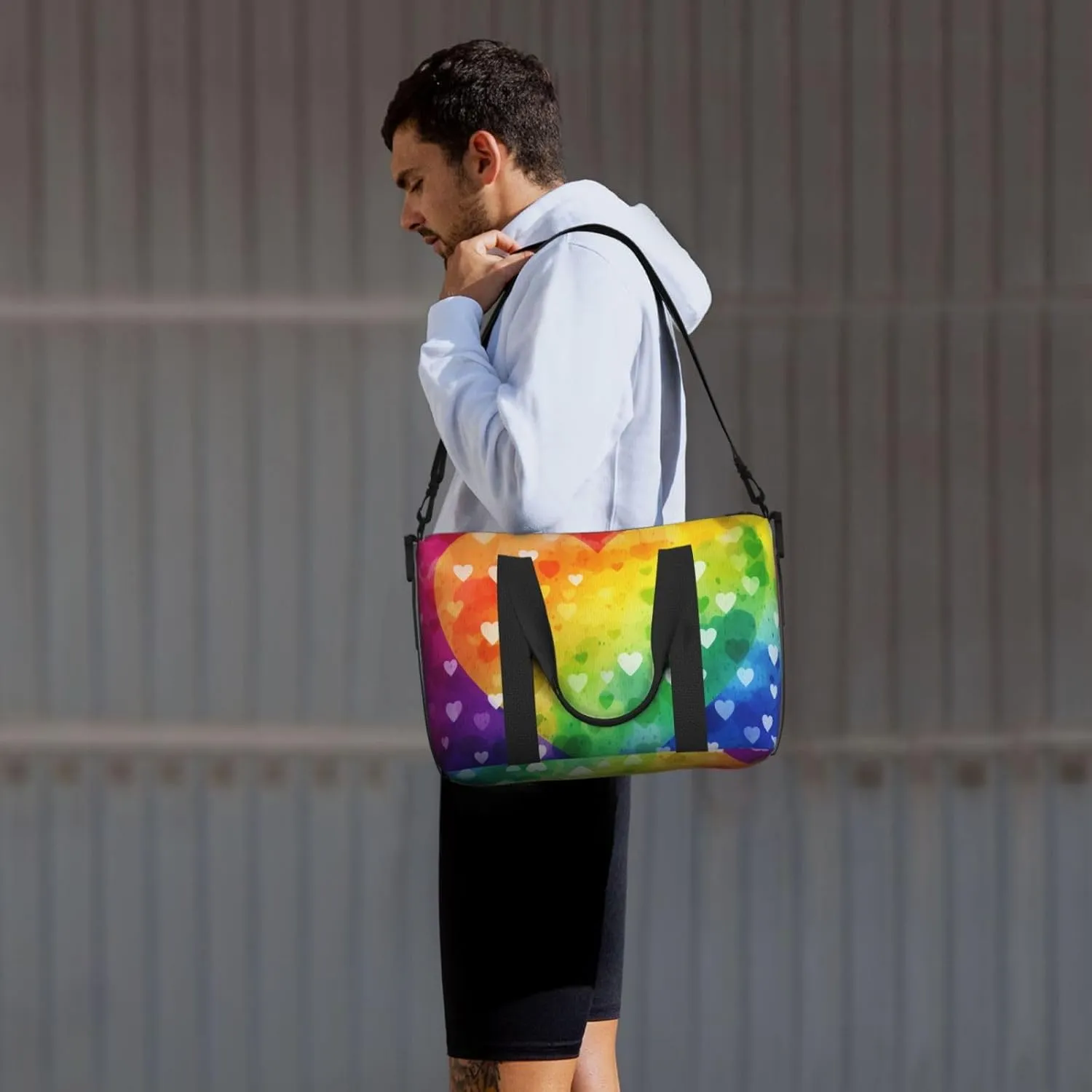 Gym Bags Small Rainbow Love Heart Duffel Bag Overnight Bag with Shoe Compartment Carryon Bag for Men Women