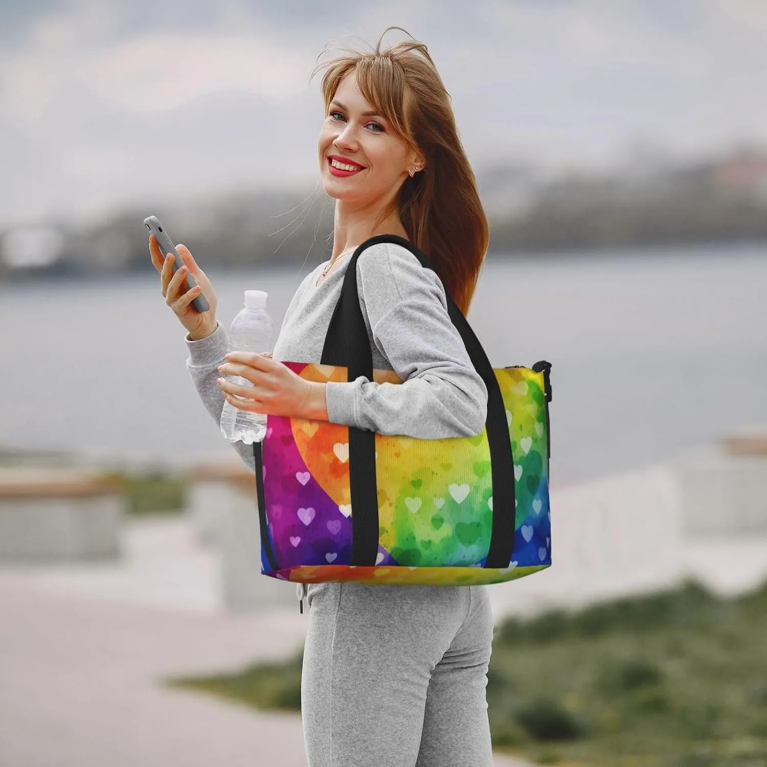Gym Bags Small Rainbow Love Heart Duffel Bag Overnight Bag with Shoe Compartment Carryon Bag for Men Women