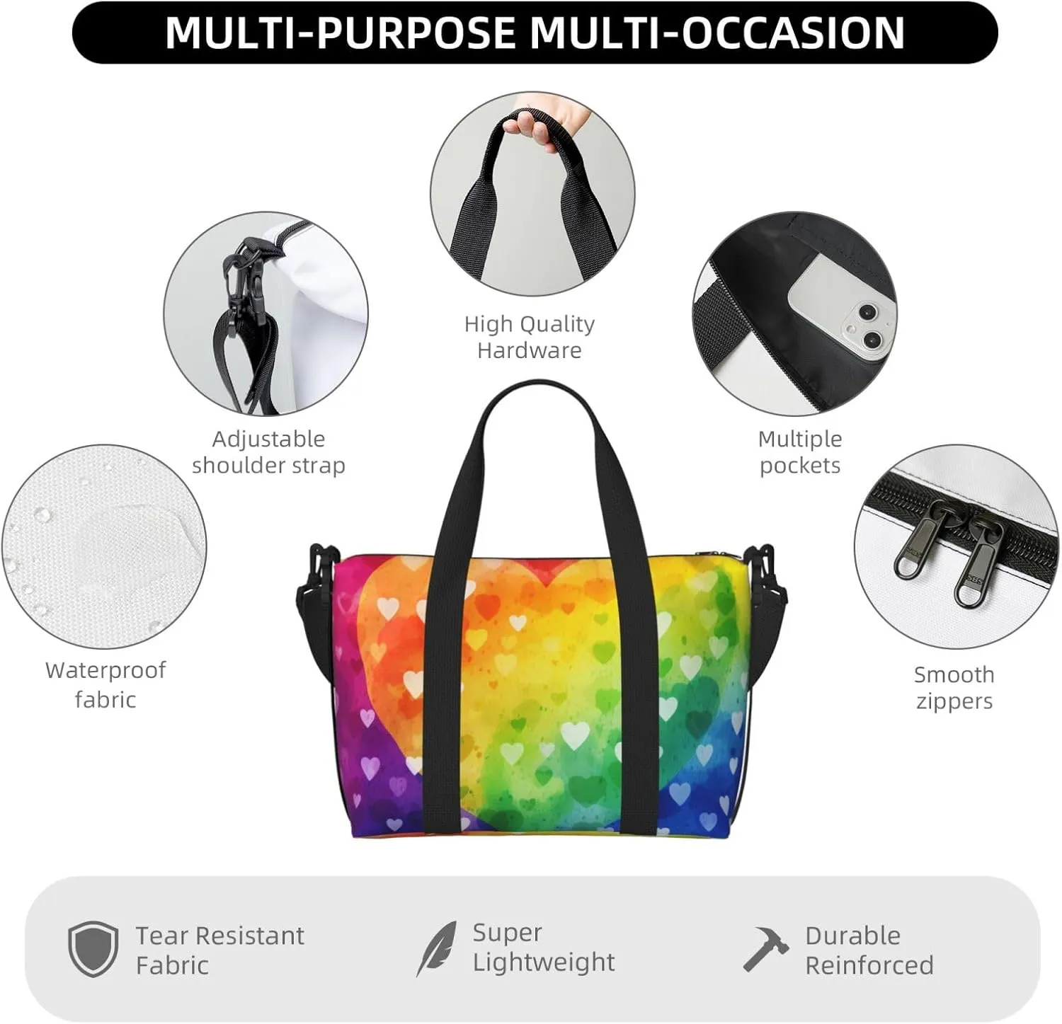 Gym Bags Small Rainbow Love Heart Duffel Bag Overnight Bag with Shoe Compartment Carryon Bag for Men Women