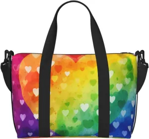 Gym Bags Small Rainbow Love Heart Duffel Bag Overnight Bag with Shoe Compartment Carryon Bag for Men Women