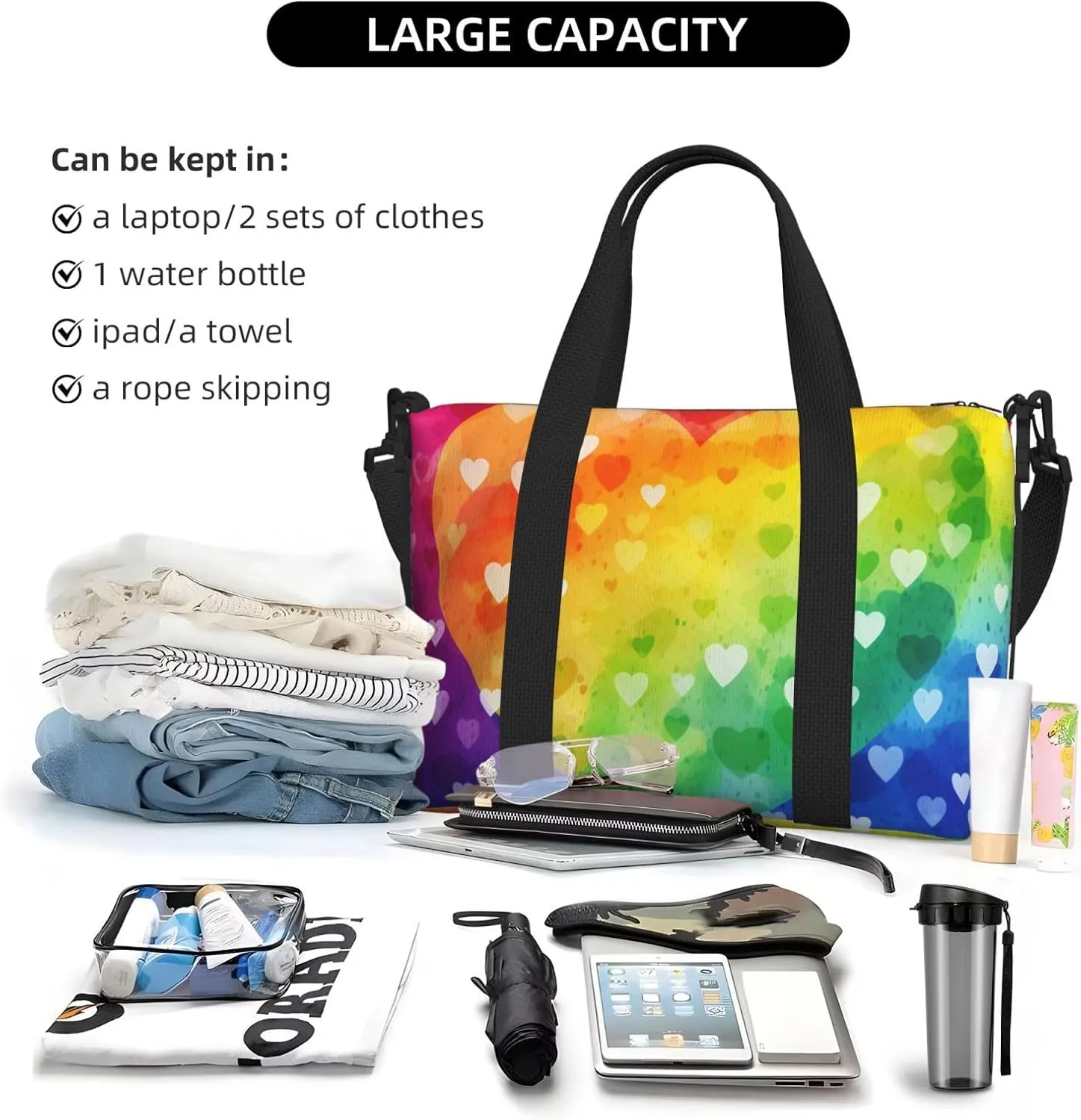 Gym Bags Small Rainbow Love Heart Duffel Bag Overnight Bag with Shoe Compartment Carryon Bag for Men Women