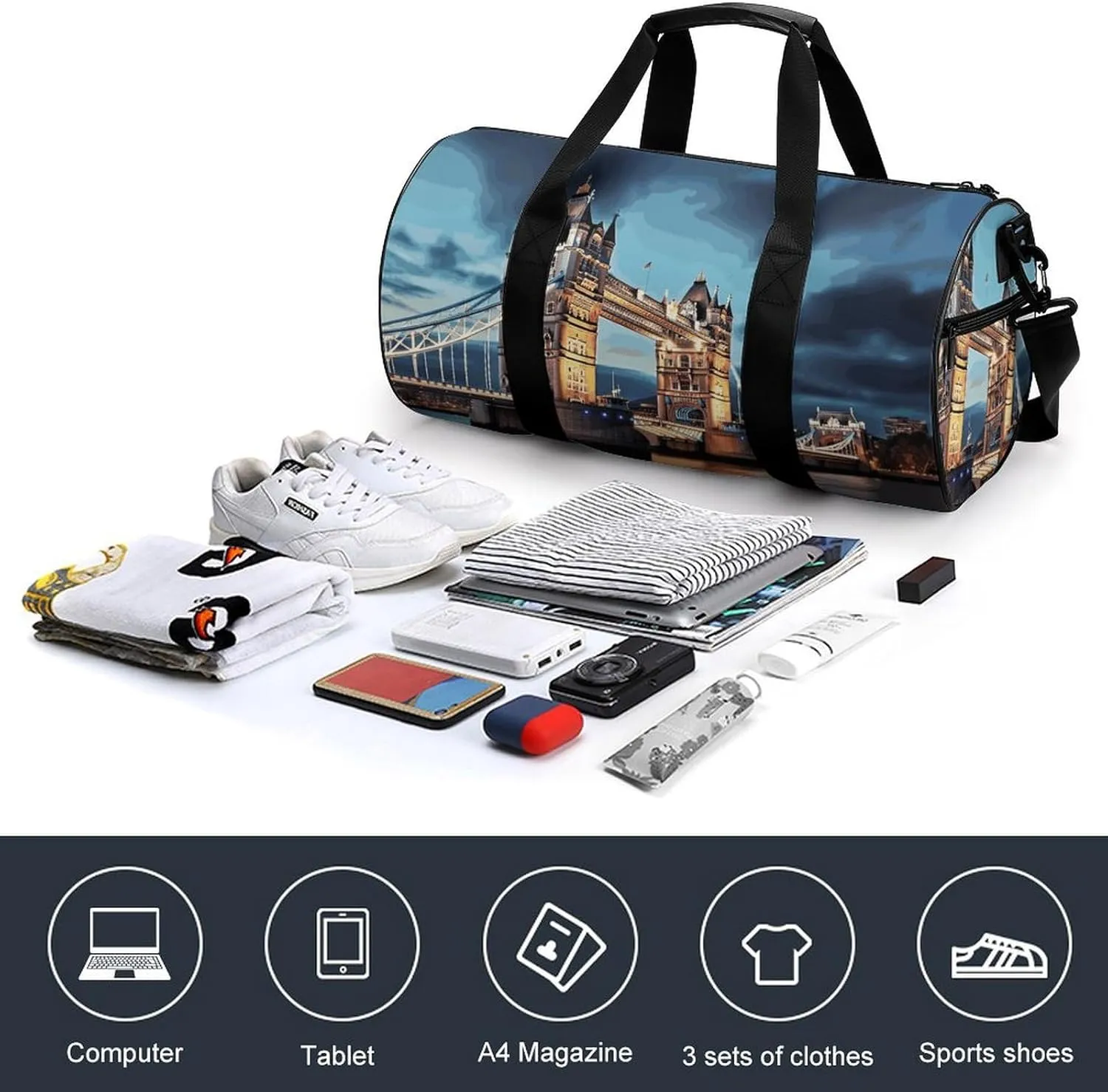 Gym Bags Small Tower Bridge in London Duffel Bag Overnight Bag with Shoe Compartment Carryon Bag for Men Women