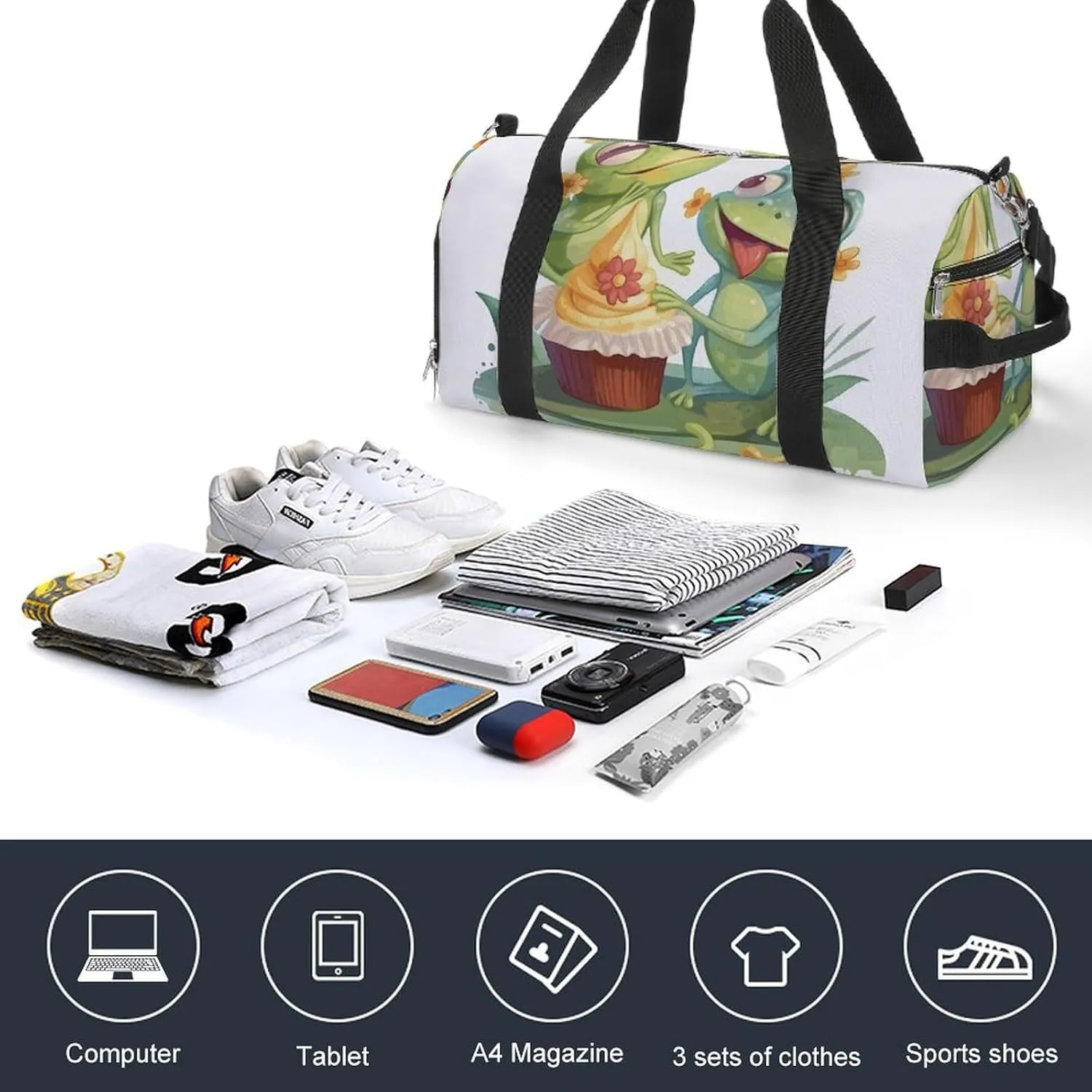 Gym Bags Small Two Frogs Eating Cake Duffel Bag Overnight Bag with Shoe Compartment Carryon Bag for Men Women