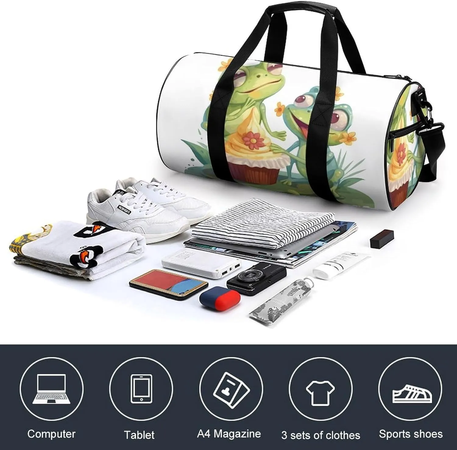 Gym Bags Small Two Frogs Eating Cake Duffel Bag Overnight Bag with Shoe Compartment Carryon Bag for Men Women