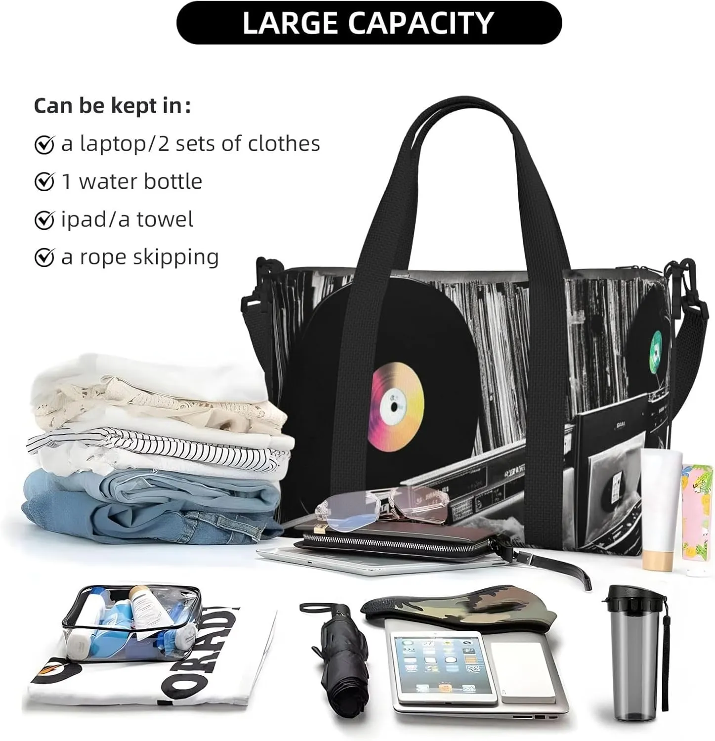 Gym Bags Small Vinyl Records Duffel Bag Overnight Bag with Shoe Compartment Carryon Bag for Men Women