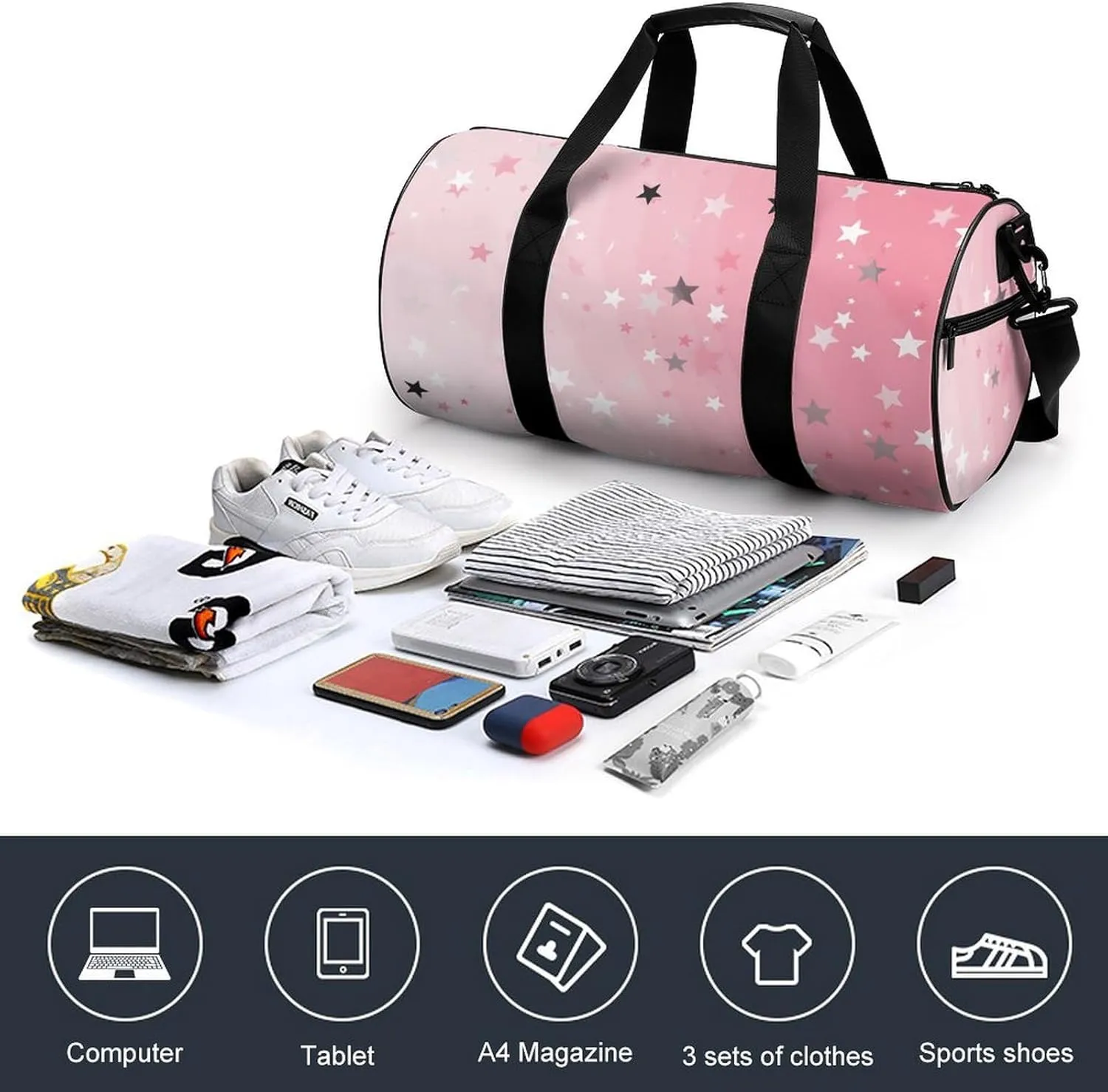 Gym Bags Small White Stars Duffel Bag Overnight Bag with Shoe Compartment Carryon Bag for Men Women
