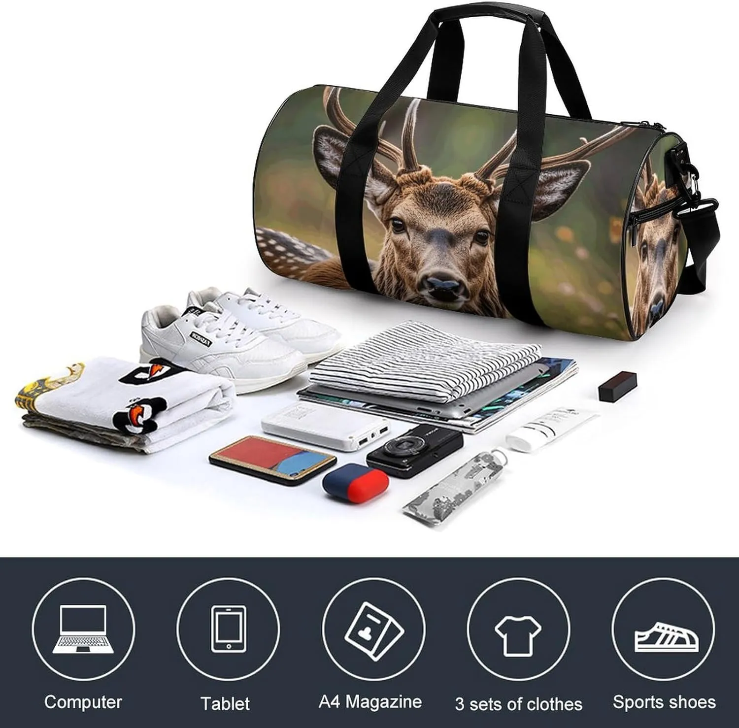 Gym Bags Small Wildlife Deer Bear Elk Duffel Bag Overnight Bag with Shoe Compartment Carryon Bag for Men Women
