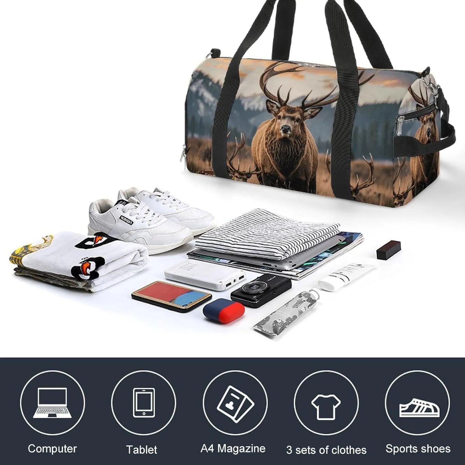 Gym Bags Small Wildlife Hunting Deer Bear Elk Duffel Bag Overnight Bag with Shoe Compartment Carryon Bag for Men Women