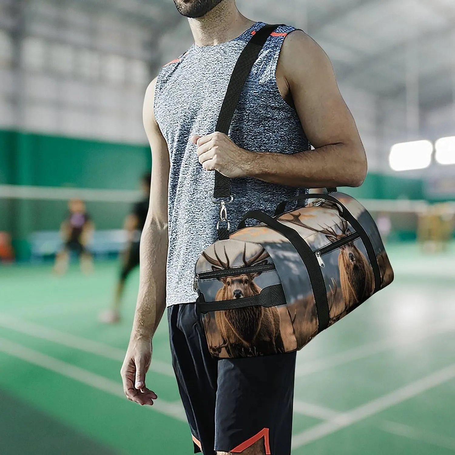 Gym Bags Small Wildlife Hunting Deer Bear Elk Duffel Bag Overnight Bag with Shoe Compartment Carryon Bag for Men Women