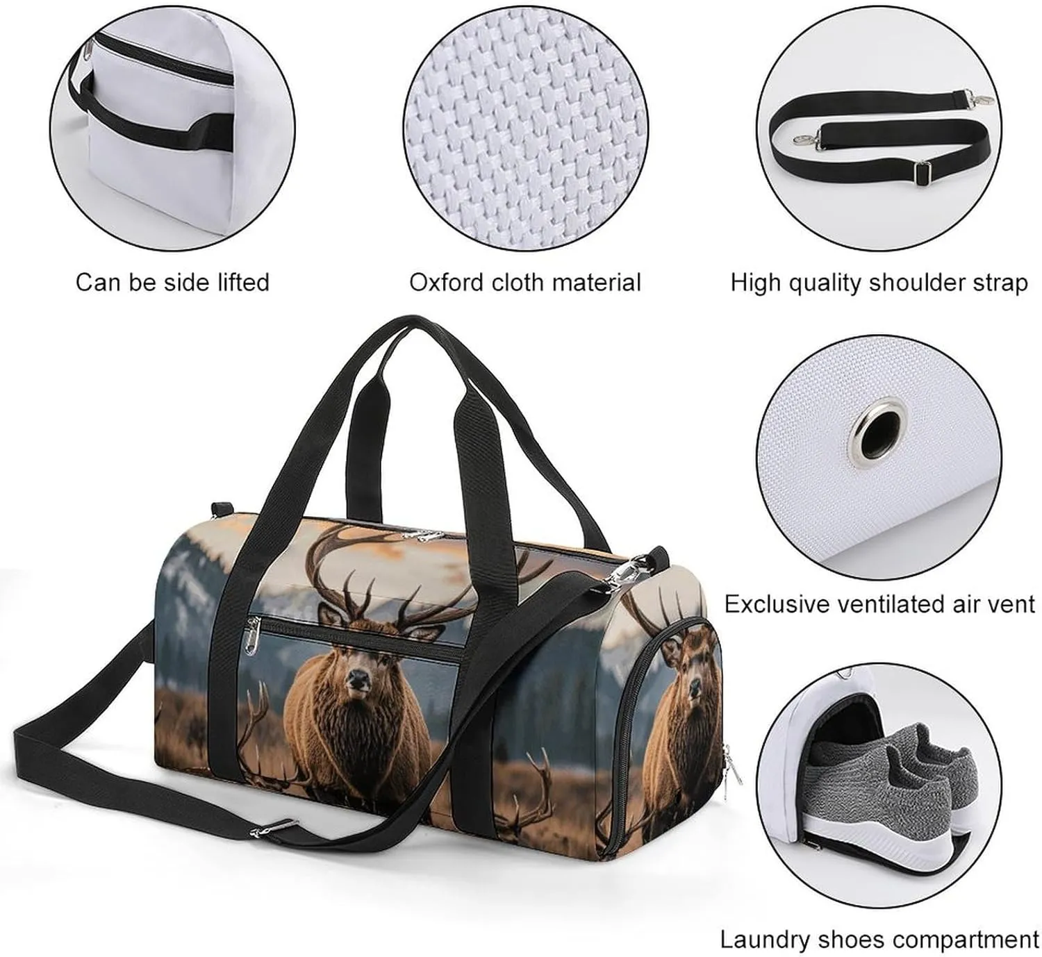 Gym Bags Small Wildlife Hunting Deer Bear Elk Duffel Bag Overnight Bag with Shoe Compartment Carryon Bag for Men Women