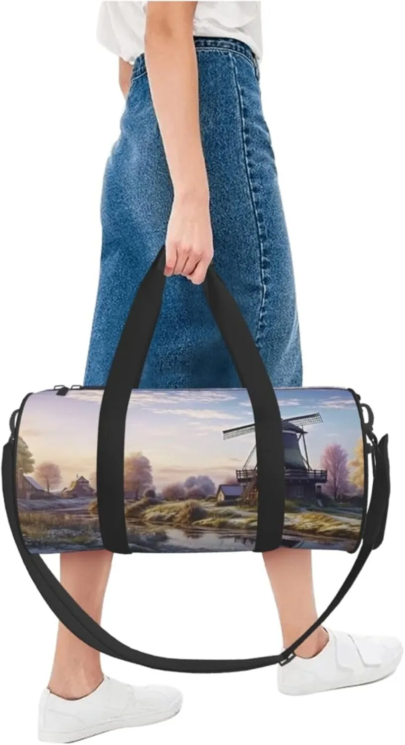 Gym Bags Small Windmill Landscape Duffel Bag Overnight Bag with Shoe Compartment Carryon Bag for Men Women