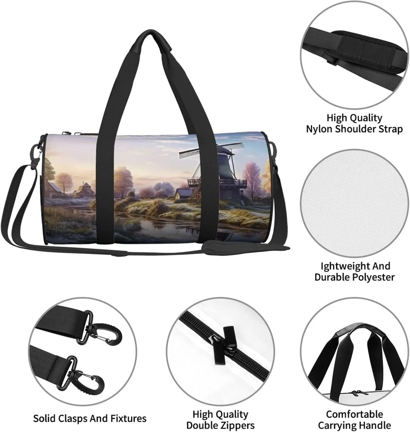 Gym Bags Small Windmill Landscape Duffel Bag Overnight Bag with Shoe Compartment Carryon Bag for Men Women