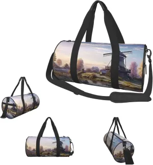 Gym Bags Small Windmill Landscape Duffel Bag Overnight Bag with Shoe Compartment Carryon Bag for Men Women