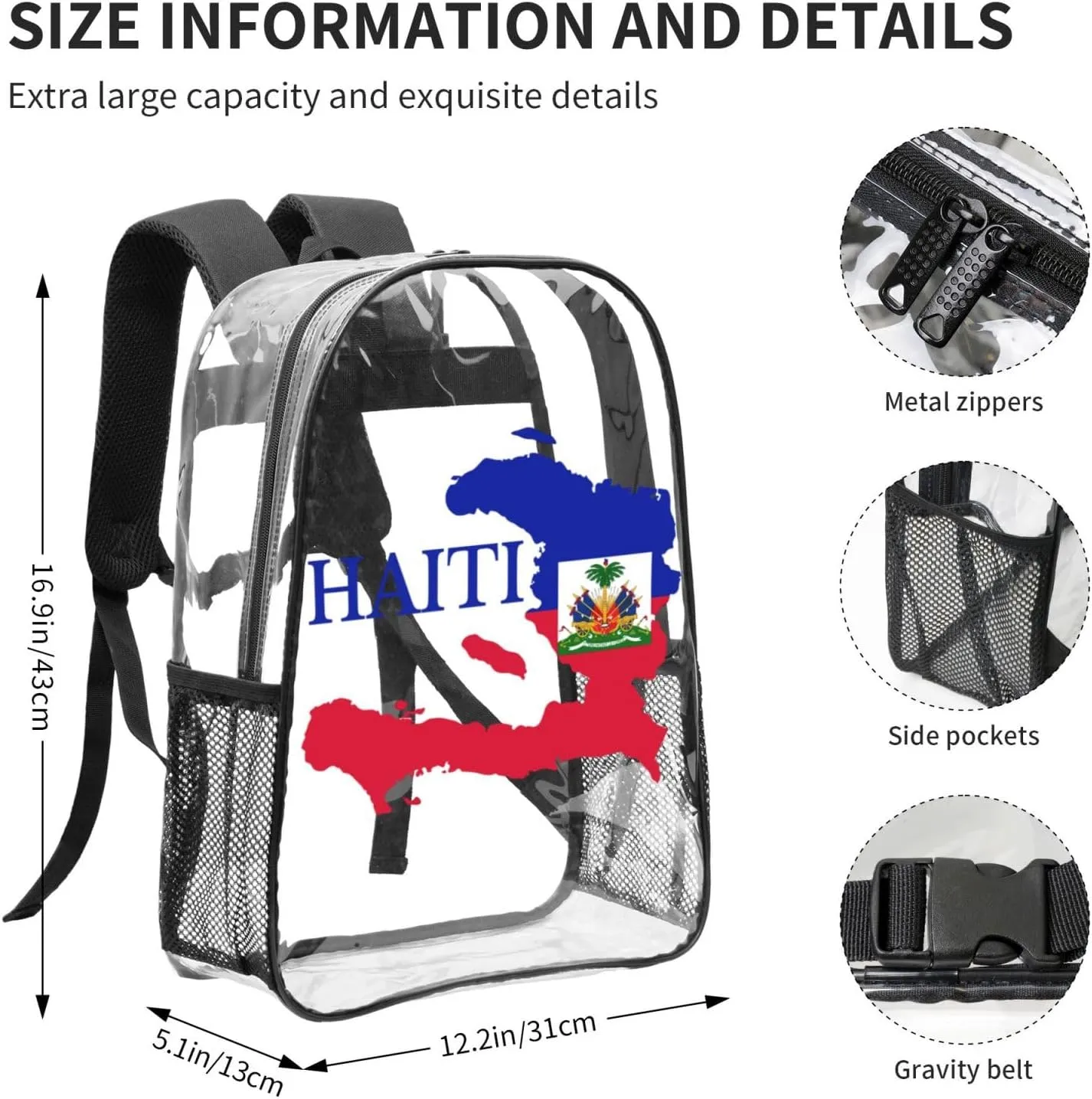 Haiti Map Flag 16 Inch Clear PVC Backpacks Transparent Backpack Multipurpose Double Shoulder Bag for Men Women Gifts