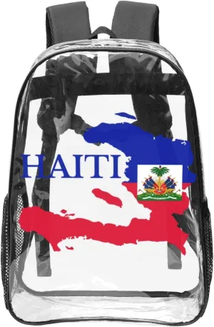 Haiti Map Flag 16 Inch Clear PVC Backpacks Transparent Backpack Multipurpose Double Shoulder Bag for Men Women Gifts