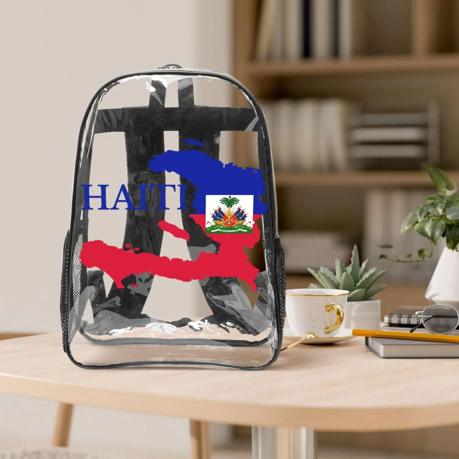 Haiti Map Flag 16 Inch Clear PVC Backpacks Transparent Backpack Multipurpose Double Shoulder Bag for Men Women Gifts