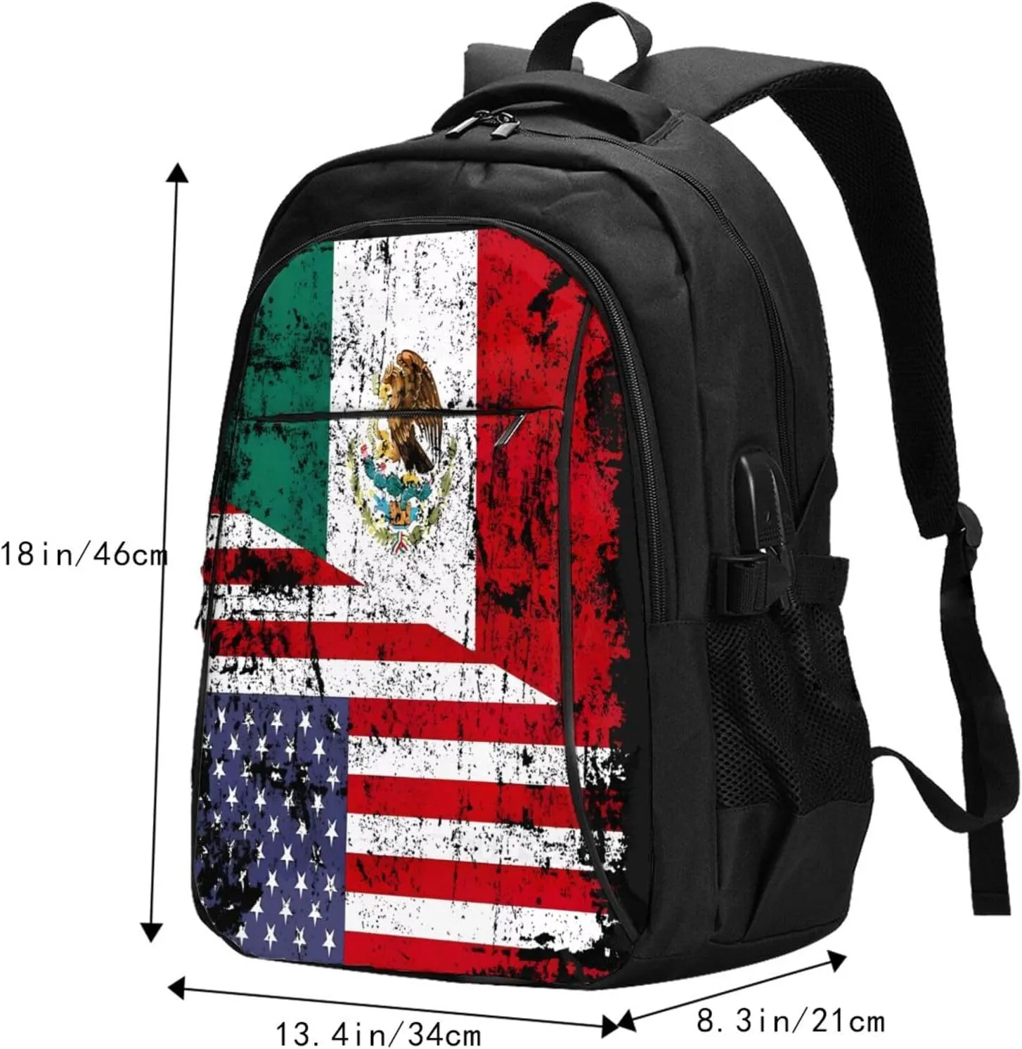 Half American Half Mexican Flag Casual Travel Backpacks Hiking Camping Backpack Large Outdoor Sport Daypack Laptop Rucksack Climbing Working Bags with USB Port
