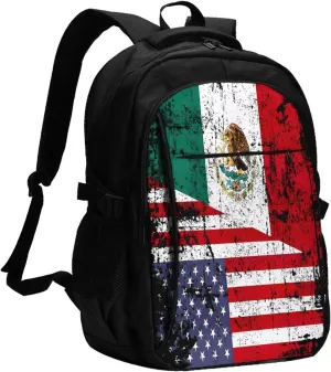 Half American Half Mexican Flag Casual Travel Backpacks Hiking Camping Backpack Large Outdoor Sport Daypack Laptop Rucksack Climbing Working Bags with USB Port