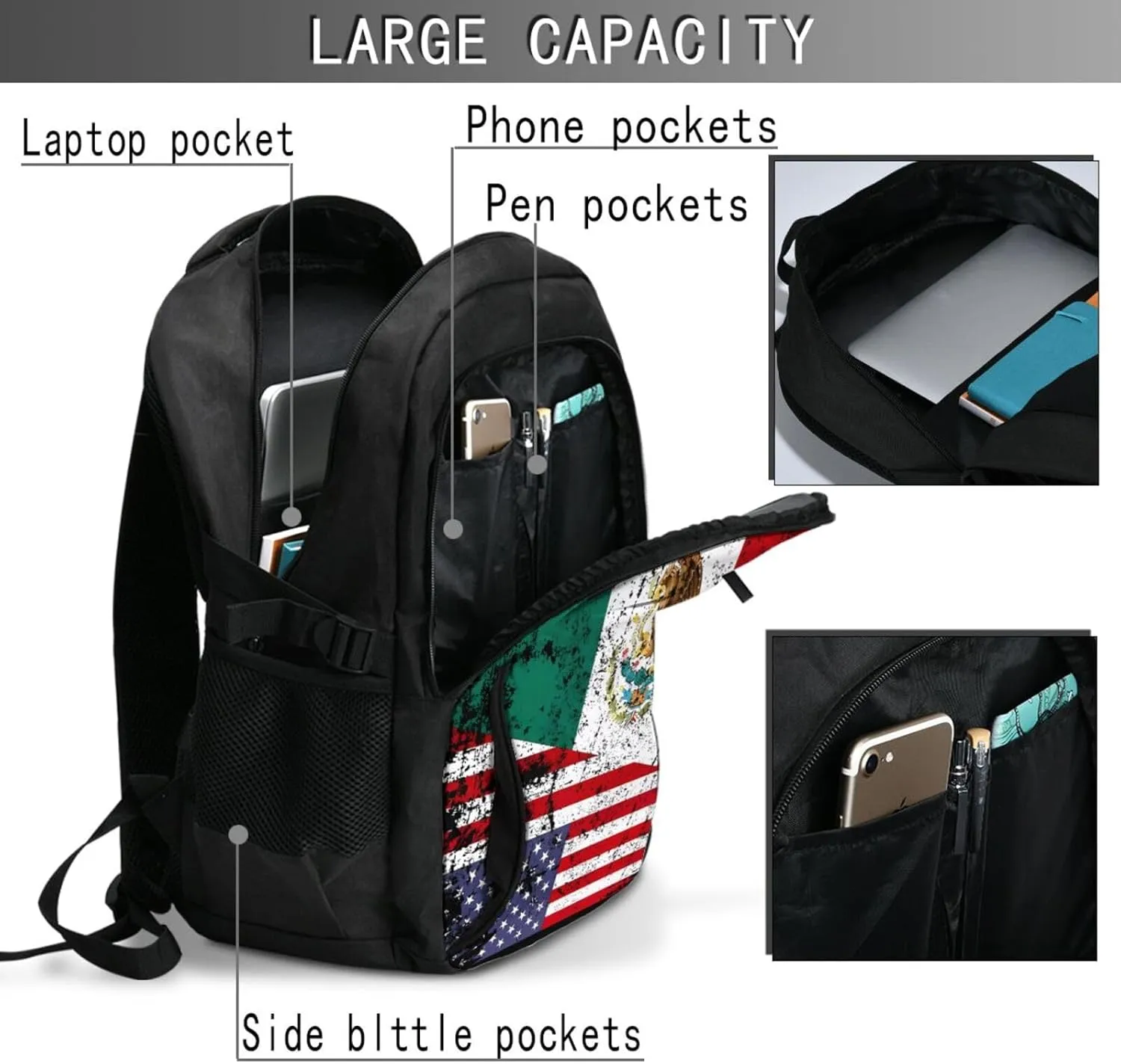 Half American Half Mexican Flag Casual Travel Backpacks Hiking Camping Backpack Large Outdoor Sport Daypack Laptop Rucksack Climbing Working Bags with USB Port