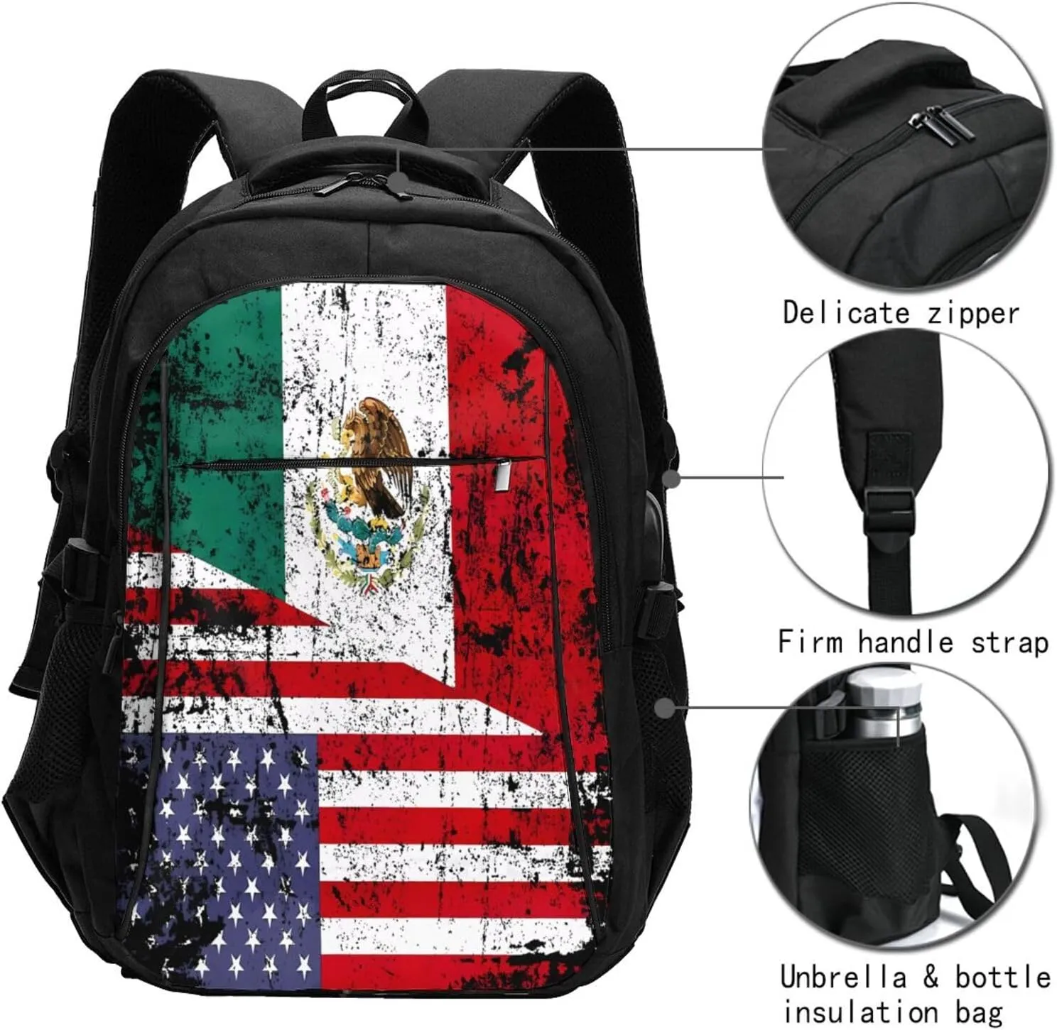 Half American Half Mexican Flag Casual Travel Backpacks Hiking Camping Backpack Large Outdoor Sport Daypack Laptop Rucksack Climbing Working Bags with USB Port