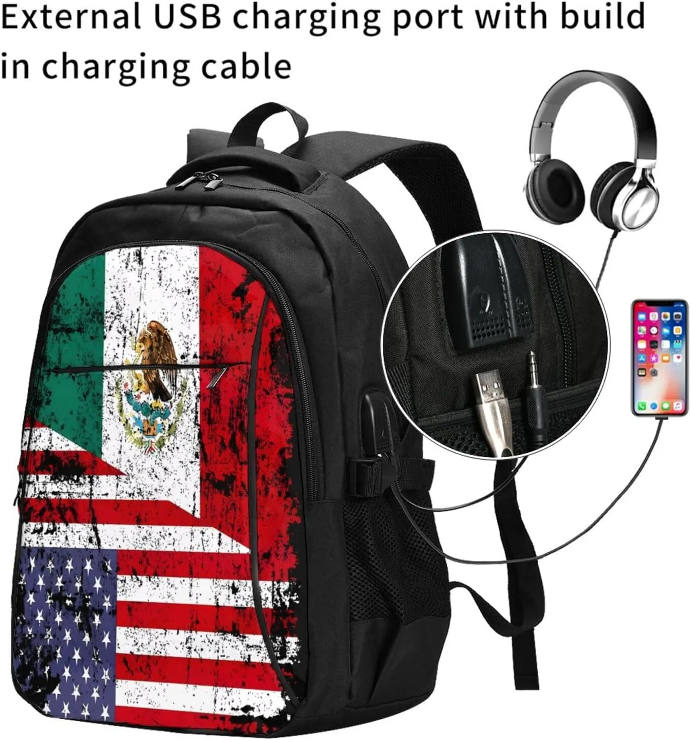 Half American Half Mexican Flag Casual Travel Backpacks Hiking Camping Backpack Large Outdoor Sport Daypack Laptop Rucksack Climbing Working Bags with USB Port