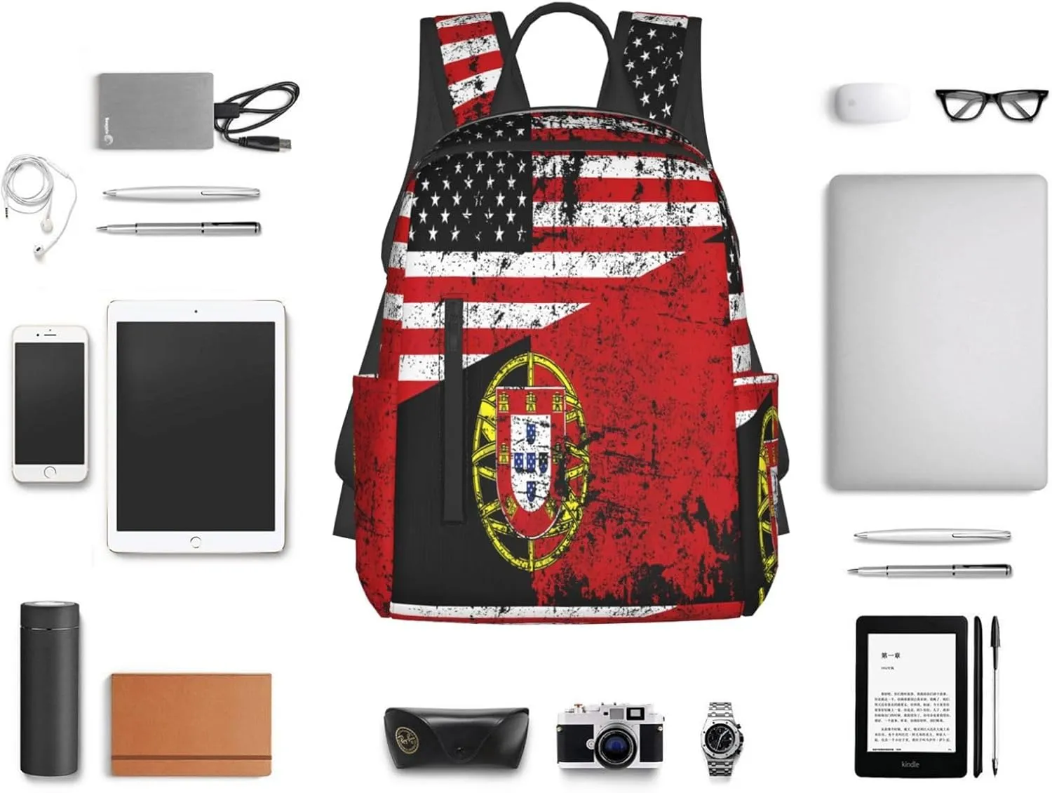 Half American Half Portugal Flag Casual Laptop Backpack Travel Rucksack Sports Daypack Adjustable Strap Bags with Multi-Pockets for Working Running Camping