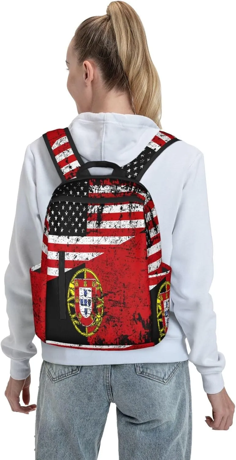 Half American Half Portugal Flag Casual Laptop Backpack Travel Rucksack Sports Daypack Adjustable Strap Bags with Multi-Pockets for Working Running Camping
