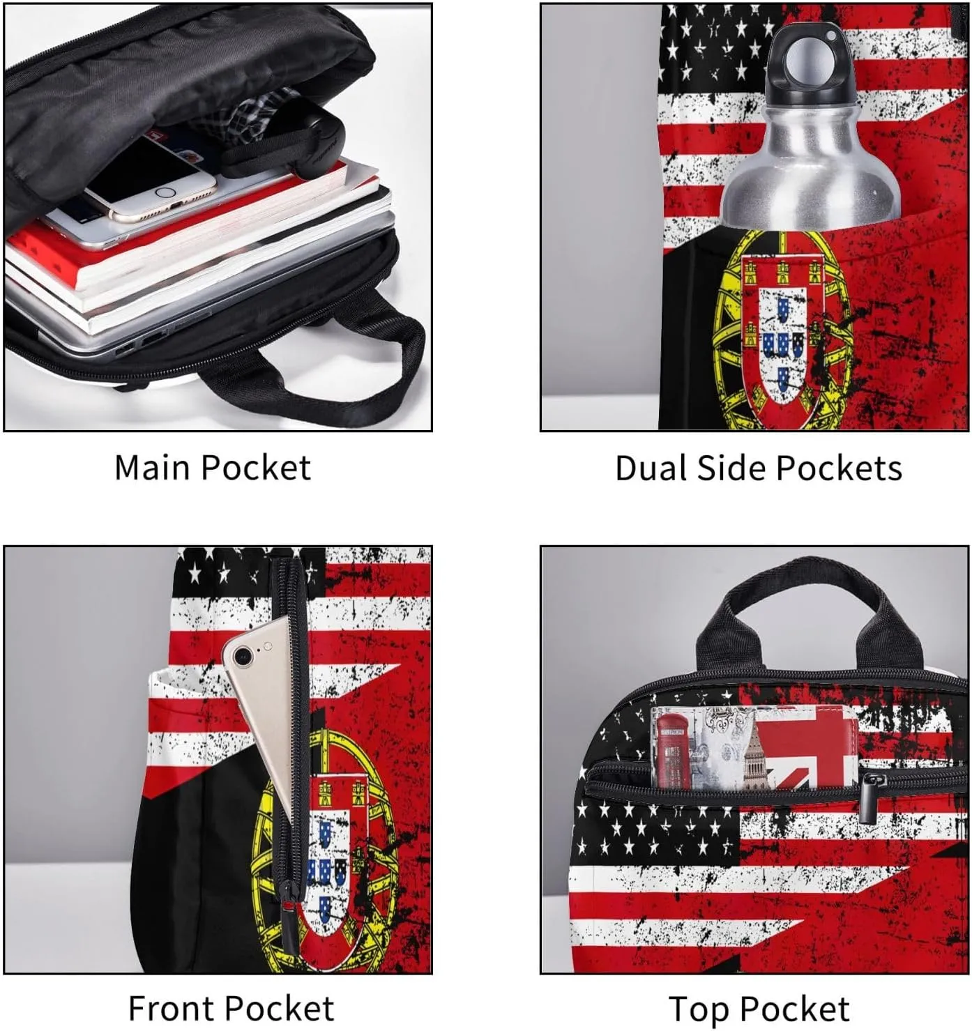 Half American Half Portugal Flag Casual Laptop Backpack Travel Rucksack Sports Daypack Adjustable Strap Bags with Multi-Pockets for Working Running Camping