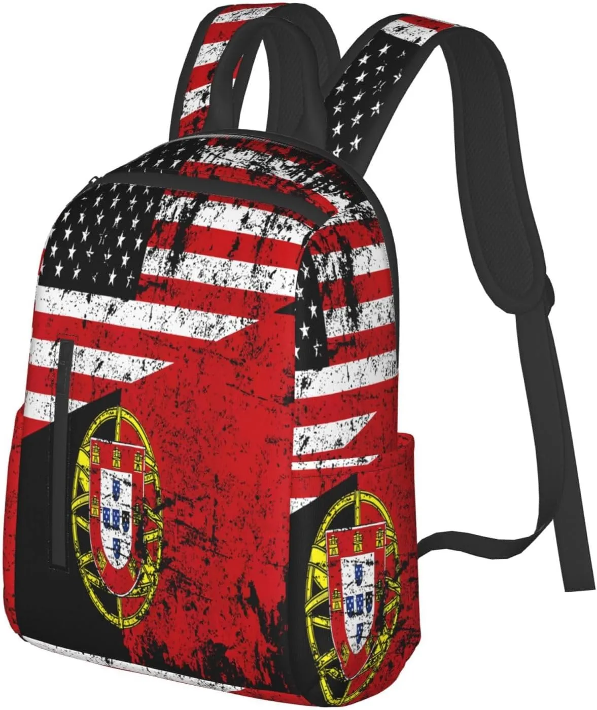 Half American Half Portugal Flag Casual Laptop Backpack Travel Rucksack Sports Daypack Adjustable Strap Bags with Multi-Pockets for Working Running Camping