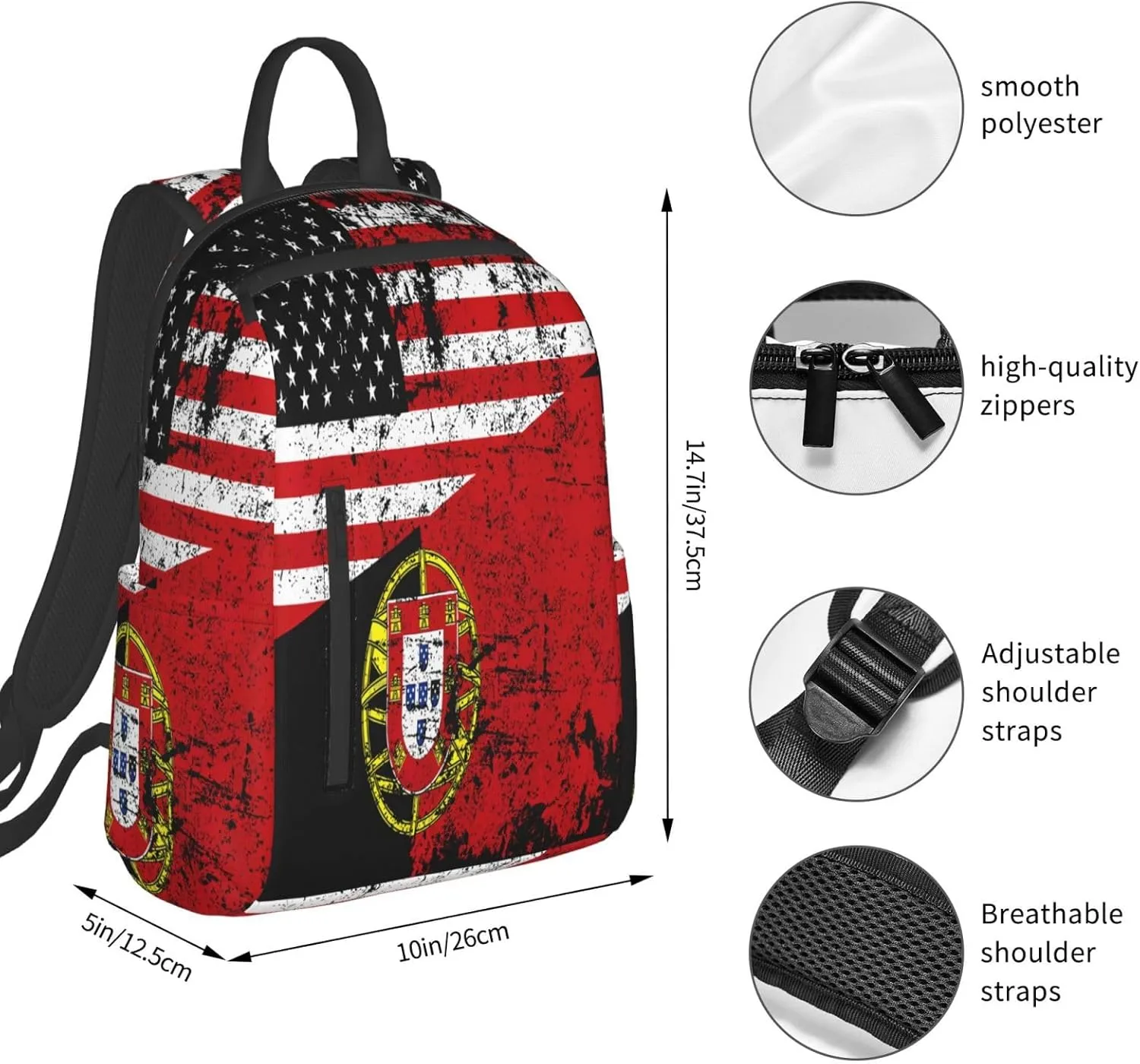 Half American Half Portugal Flag Casual Laptop Backpack Travel Rucksack Sports Daypack Adjustable Strap Bags with Multi-Pockets for Working Running Camping
