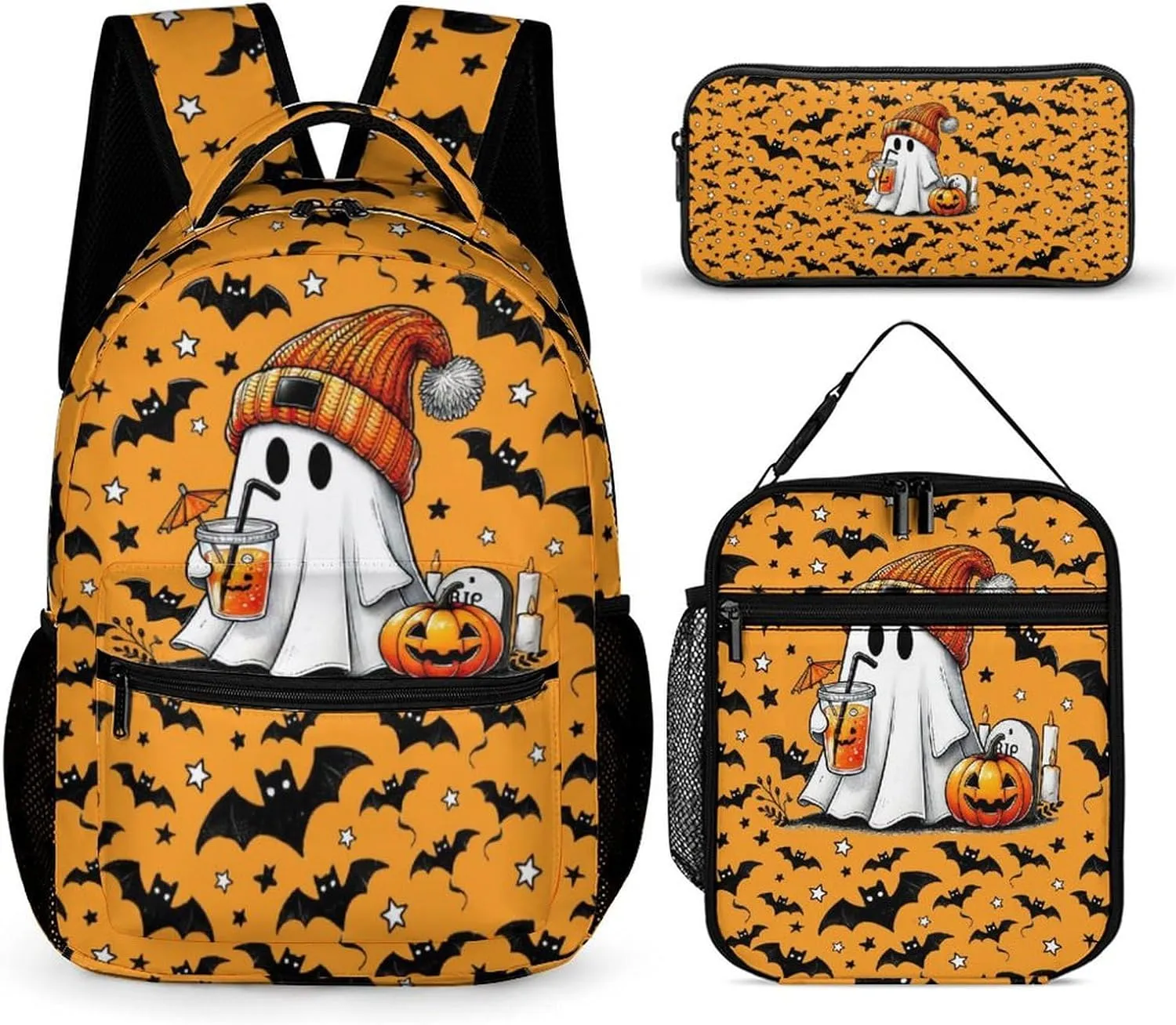 Halloween Ghost Backpack with Lunch Box & Pencil Case, 16 Inch Scary Halloween Themed Bookbag, Adjustable Lightweight Large Capacity, Happy Halloween Backpacks Set for Kids Girls Boys