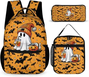 Halloween Ghost Backpack with Lunch Box & Pencil Case, 16 Inch Scary Halloween Themed Bookbag, Adjustable Lightweight Large Capacity, Happy Halloween Backpacks Set for Kids Girls Boys