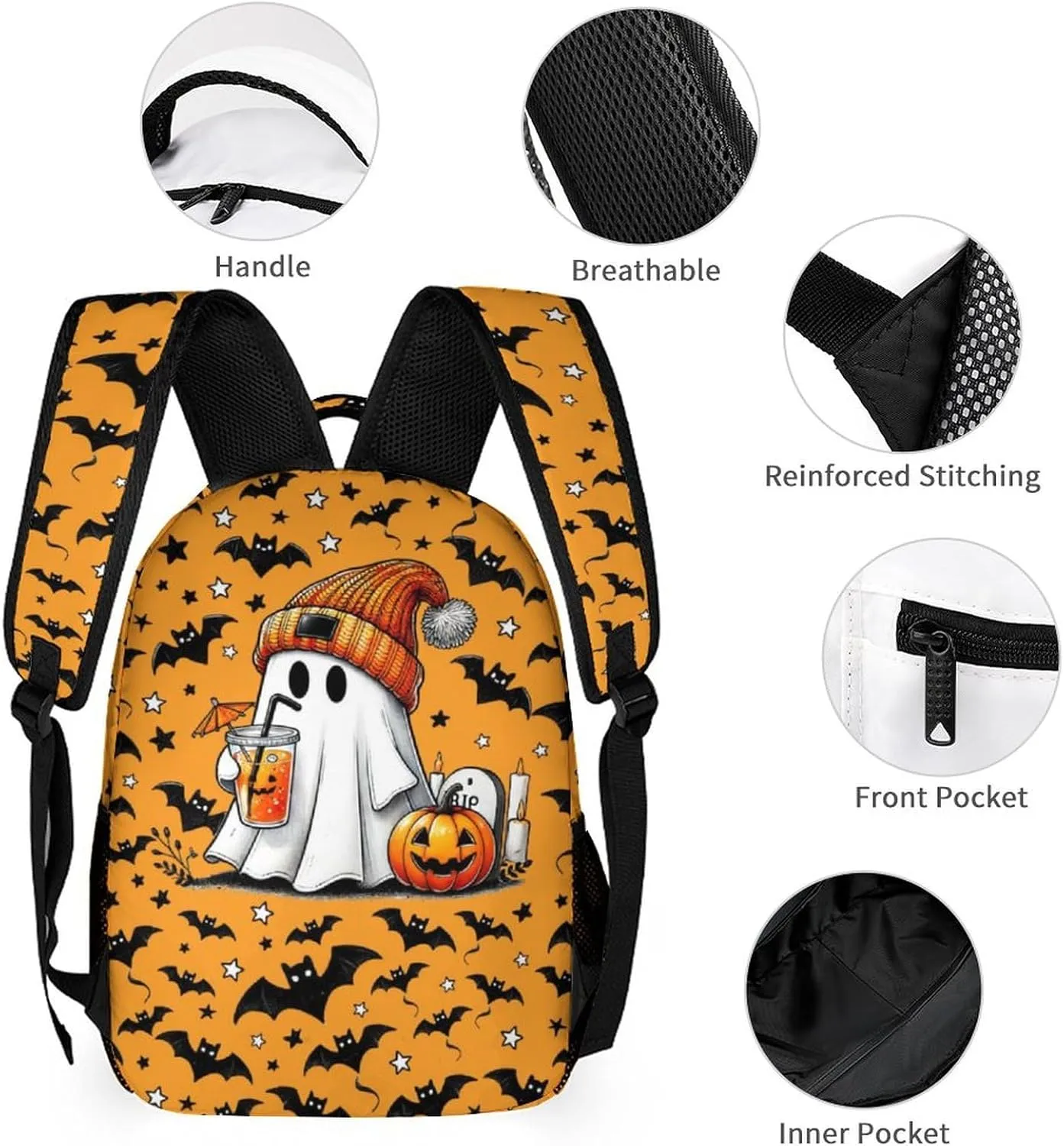Halloween Ghost Backpack with Lunch Box & Pencil Case, 16 Inch Scary Halloween Themed Bookbag, Adjustable Lightweight Large Capacity, Happy Halloween Backpacks Set for Kids Girls Boys