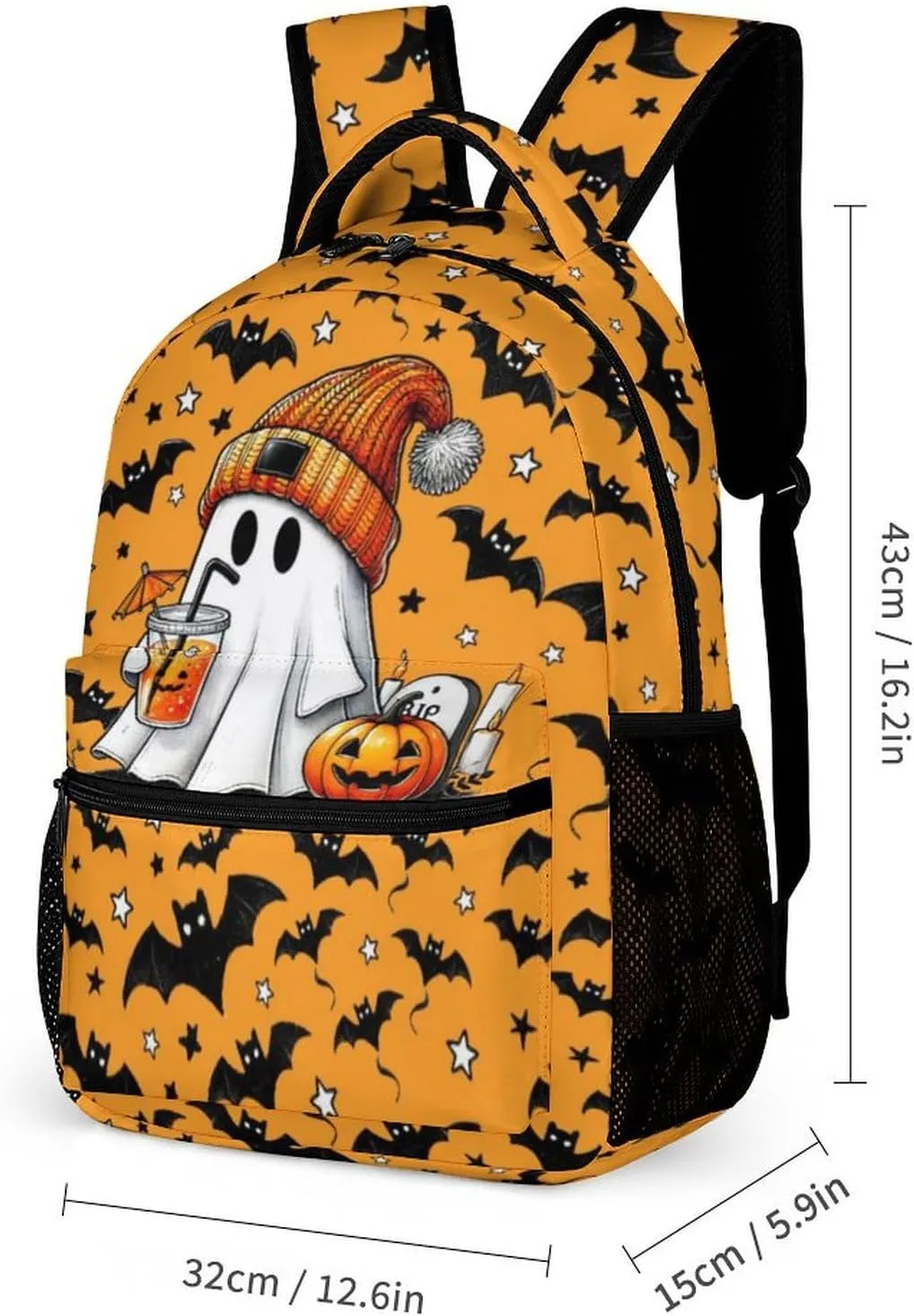 Halloween Ghost Backpack with Lunch Box & Pencil Case, 16 Inch Scary Halloween Themed Bookbag, Adjustable Lightweight Large Capacity, Happy Halloween Backpacks Set for Kids Girls Boys