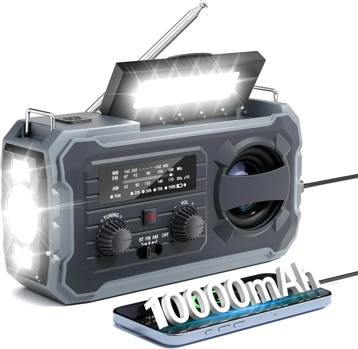 Hand Crank Emergency Radio, 10000mAh Weather Radio with AM/FM/NOAA, Solar Prower, SOS Alarm, Phone Charging, LED Flashlight, Portable Survival Gear for Outdoor & Home Emergencies Kits, Grey