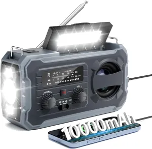Hand Crank Emergency Radio, 10000mAh Weather Radio with AM/FM/NOAA, Solar Prower, SOS Alarm, Phone Charging, LED Flashlight, Portable Survival Gear for Outdoor & Home Emergencies Kits, Grey