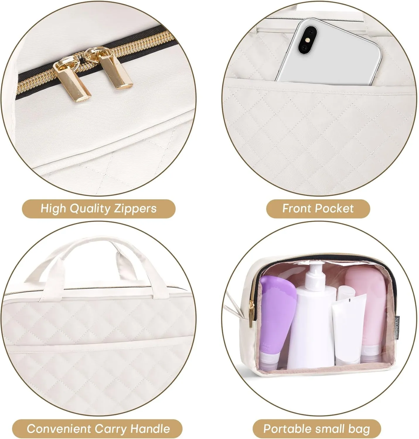 Hanging Toiletry Bag 2 Pack Set, Make Up Bags for Women with Hanging Hook and Waterproof, Cosmetic Bags Organizer for Shampoo, Makeup Accessories, for Business Trips, Travel, Beige