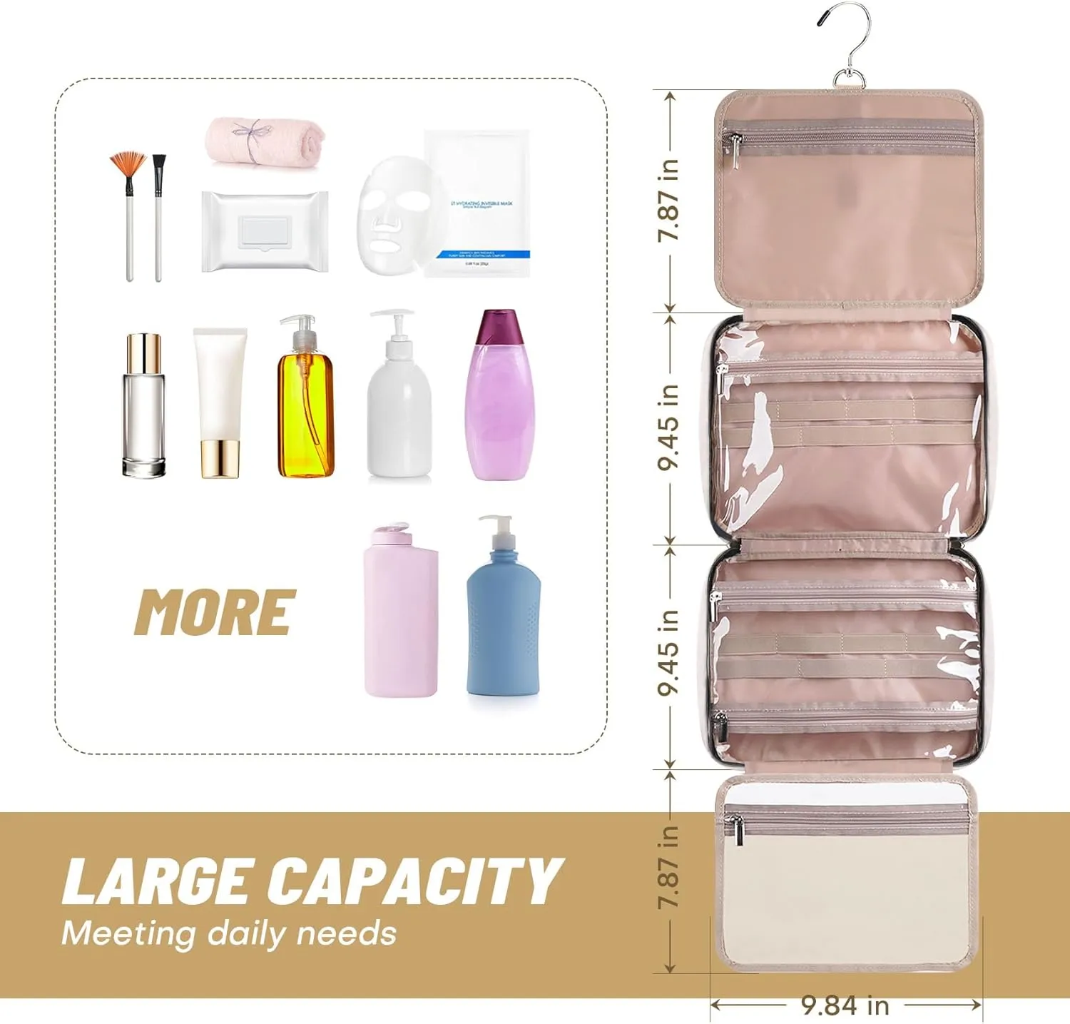 Hanging Toiletry Bag 2 Pack Set, Make Up Bags for Women with Hanging Hook and Waterproof, Cosmetic Bags Organizer for Shampoo, Makeup Accessories, for Business Trips, Travel, Beige