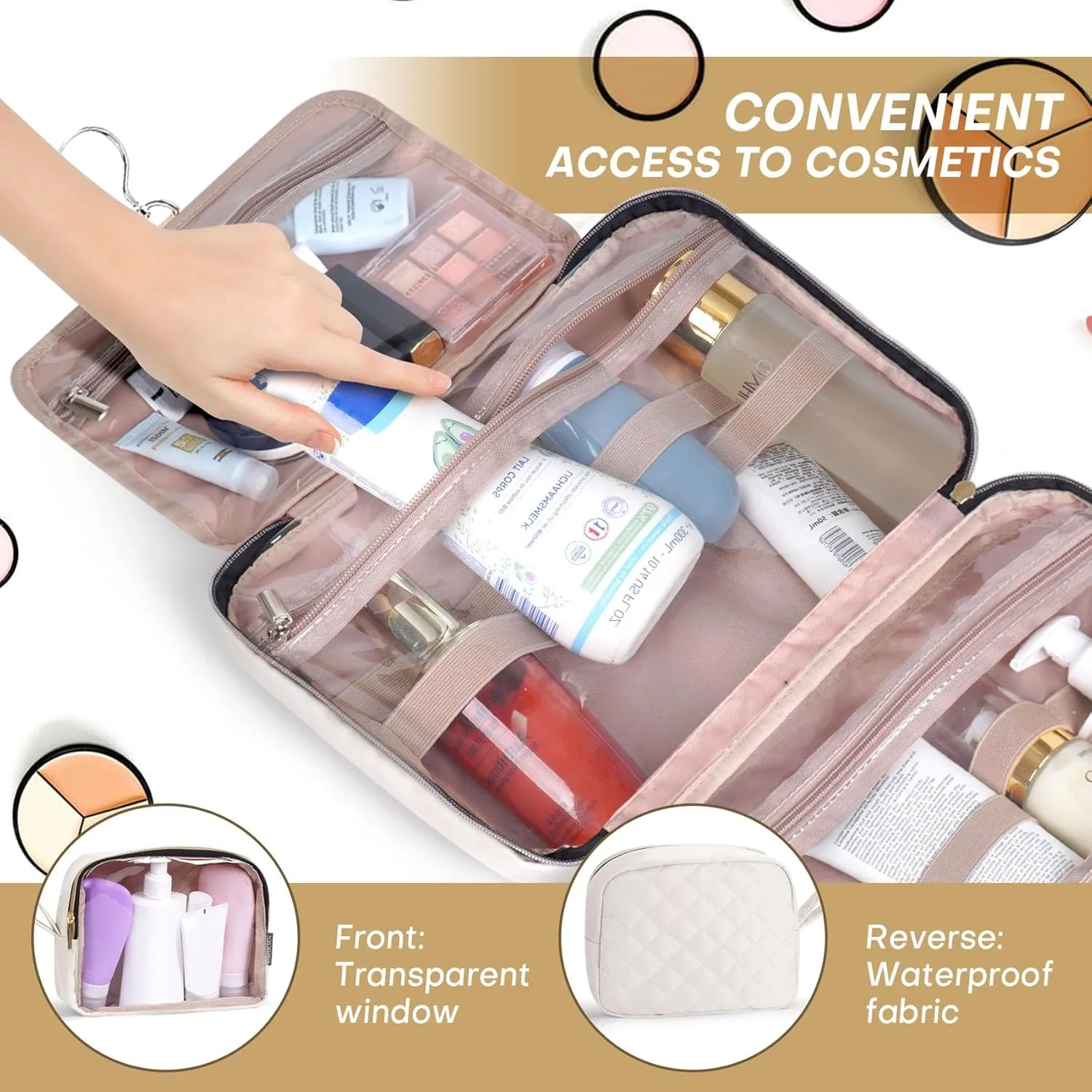 Hanging Toiletry Bag 2 Pack Set, Make Up Bags for Women with Hanging Hook and Waterproof, Cosmetic Bags Organizer for Shampoo, Makeup Accessories, for Business Trips, Travel, Beige