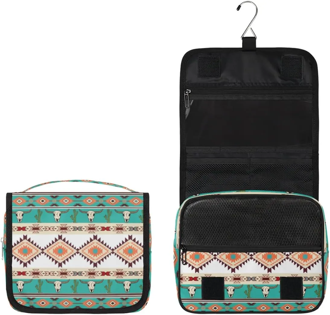 Hanging Toiletry Bag for Women And Men, Ethnic Aztec Navajo Travel Cosmetic Makeup Bag Travel Organizer, Bull Skull Cactus Waterproof Toiletry Bag for Accessories, Essentials