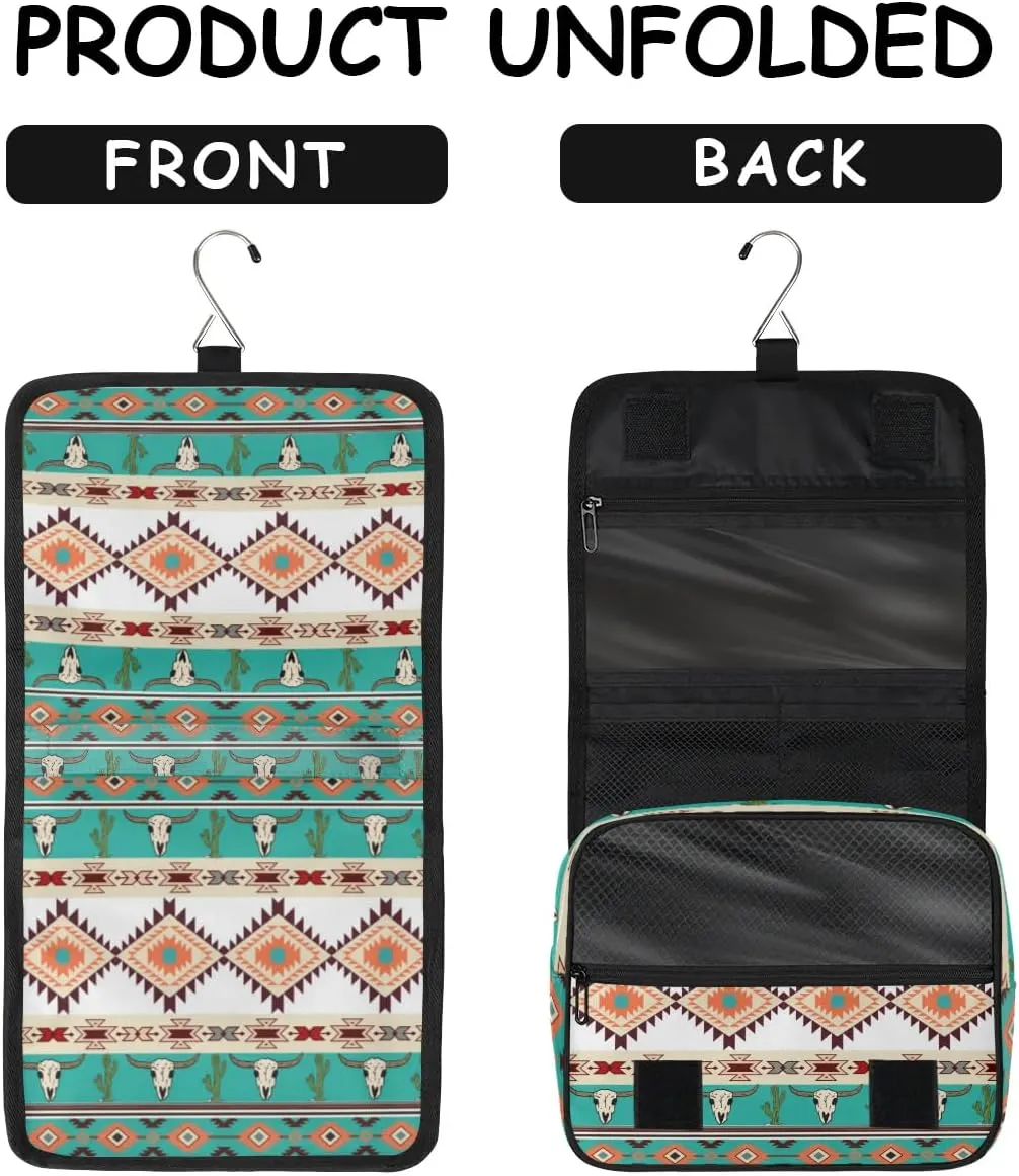 Hanging Toiletry Bag for Women And Men, Ethnic Aztec Navajo Travel Cosmetic Makeup Bag Travel Organizer, Bull Skull Cactus Waterproof Toiletry Bag for Accessories, Essentials