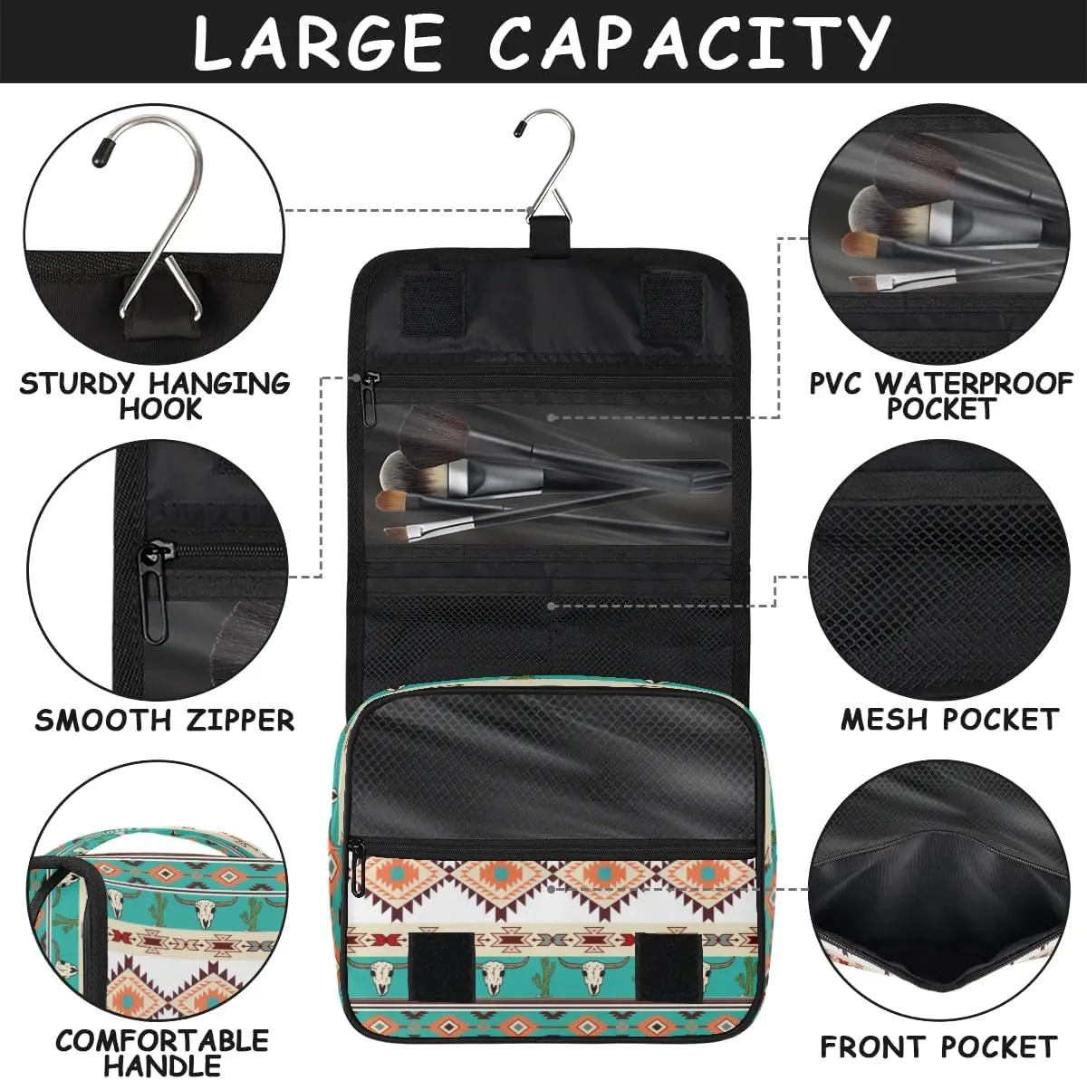 Hanging Toiletry Bag for Women And Men, Ethnic Aztec Navajo Travel Cosmetic Makeup Bag Travel Organizer, Bull Skull Cactus Waterproof Toiletry Bag for Accessories, Essentials