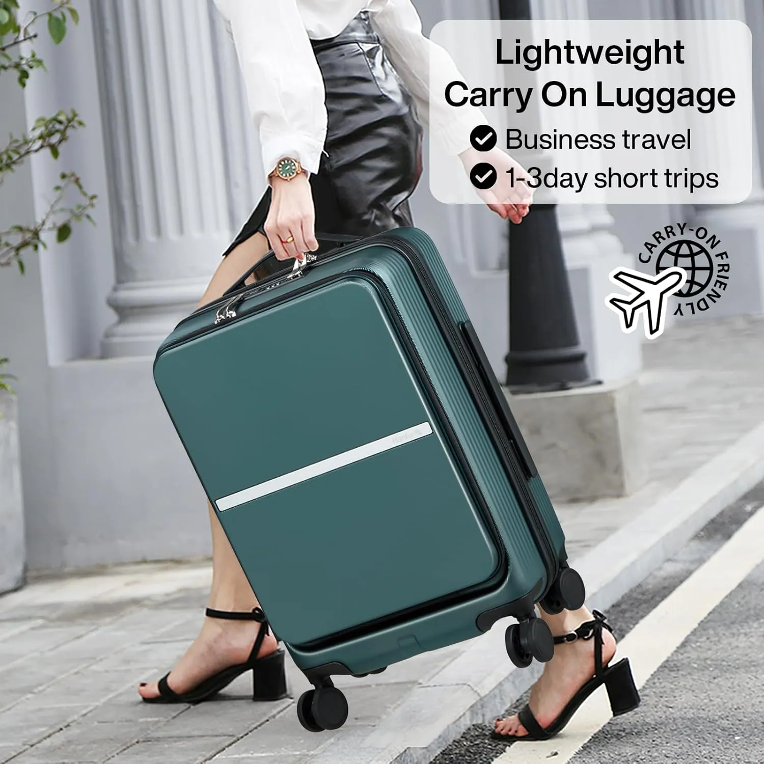 Hanke 20 Inch Carry On Luggage 22x14x9 Airline Approved - Hard Shell Suitcases with Wheels, Front Pocket TSA Luggage, Lighiweight Carry On Suitcase for Travel Rolling Luggage(Blackish Green)