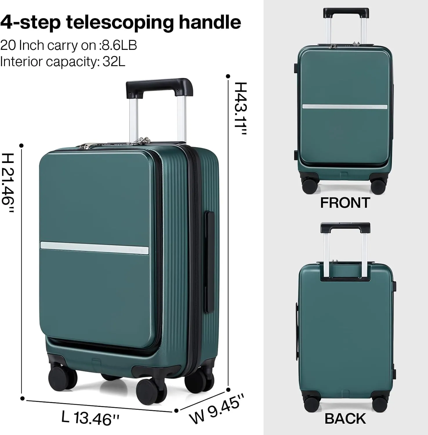 Hanke 20 Inch Carry On Luggage 22x14x9 Airline Approved - Hard Shell Suitcases with Wheels, Front Pocket TSA Luggage, Lighiweight Carry On Suitcase for Travel Rolling Luggage(Blackish Green)