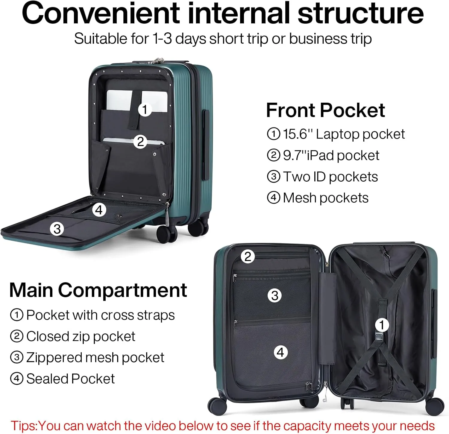 Hanke 20 Inch Carry On Luggage 22x14x9 Airline Approved - Hard Shell Suitcases with Wheels, Front Pocket TSA Luggage, Lighiweight Carry On Suitcase for Travel Rolling Luggage(Blackish Green)
