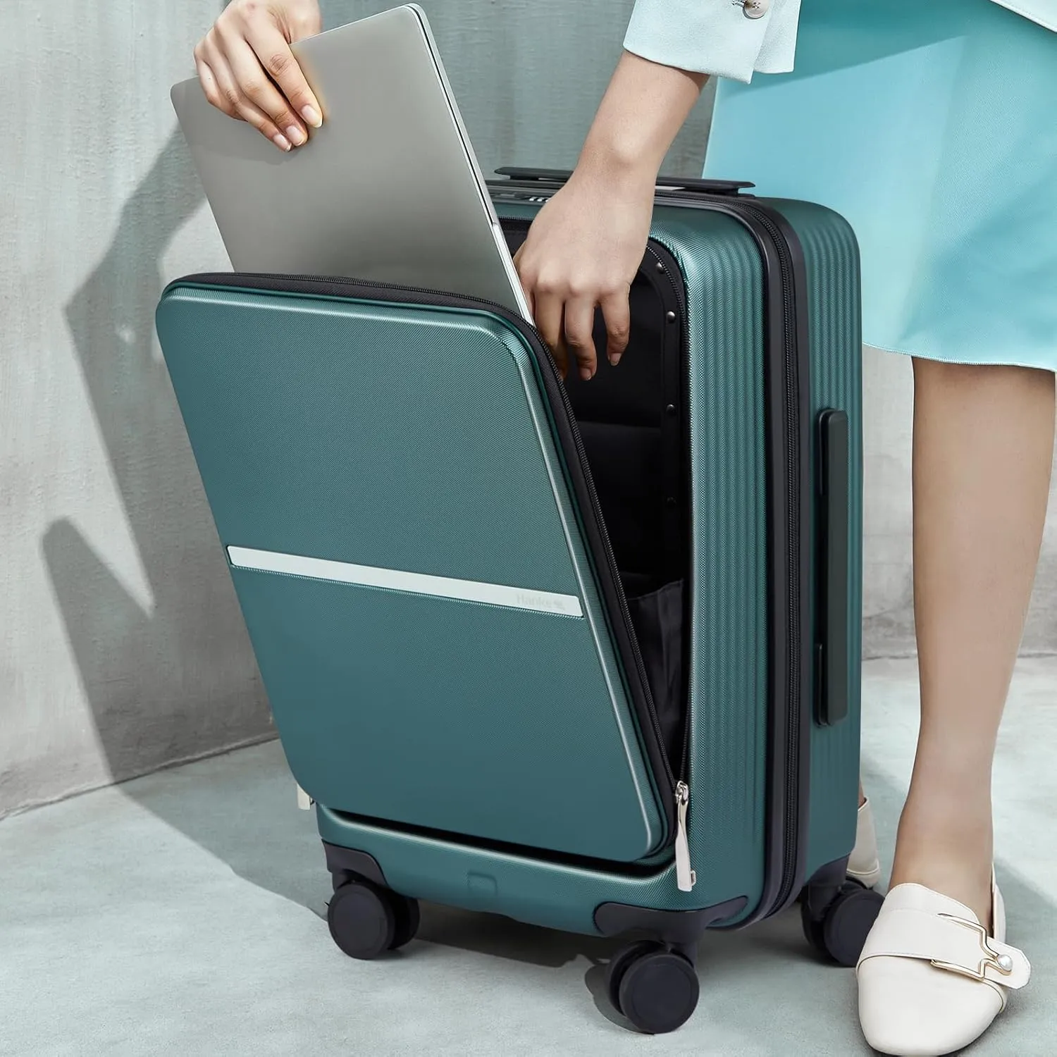 Hanke 20 Inch Carry On Luggage 22x14x9 Airline Approved - Hard Shell Suitcases with Wheels, Front Pocket TSA Luggage, Lighiweight Carry On Suitcase for Travel Rolling Luggage(Blackish Green)