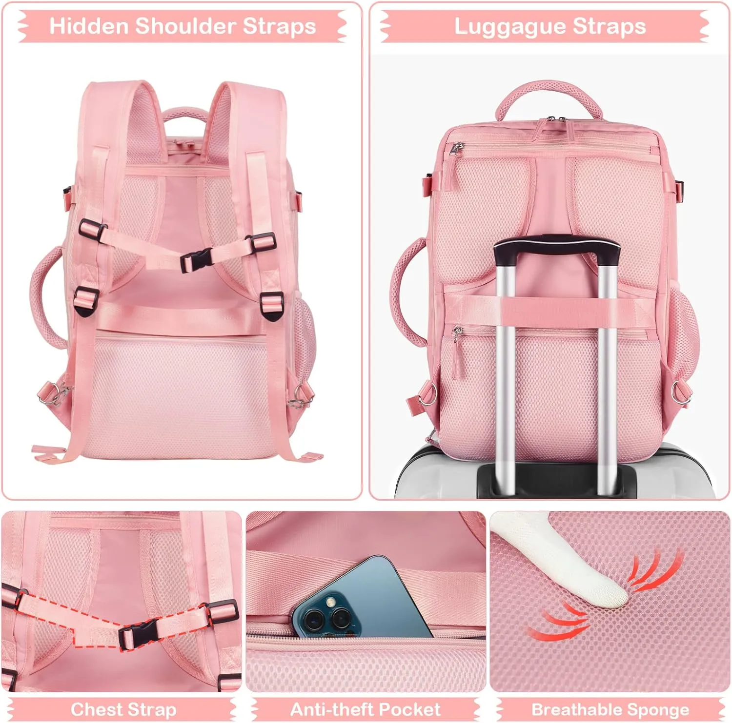 Hanples Travel Backpack for Women as Person Item Flight Approved, Large Carry On 17.3 Inch Laptop, Waterproof, Hiking, Casual Bag (Pink)