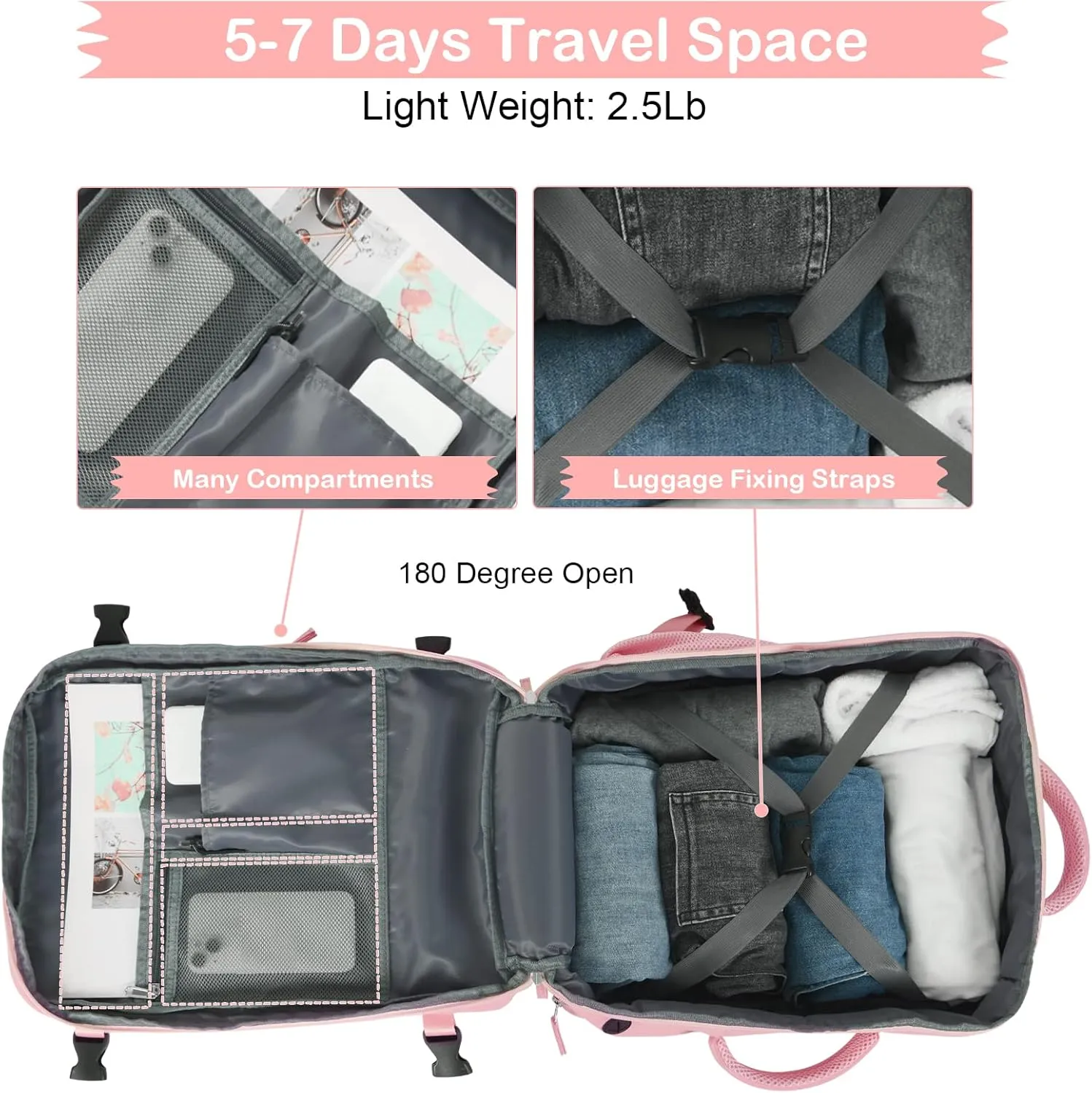 Hanples Travel Backpack for Women as Person Item Flight Approved, Large Carry On 17.3 Inch Laptop, Waterproof, Hiking, Casual Bag (Pink)