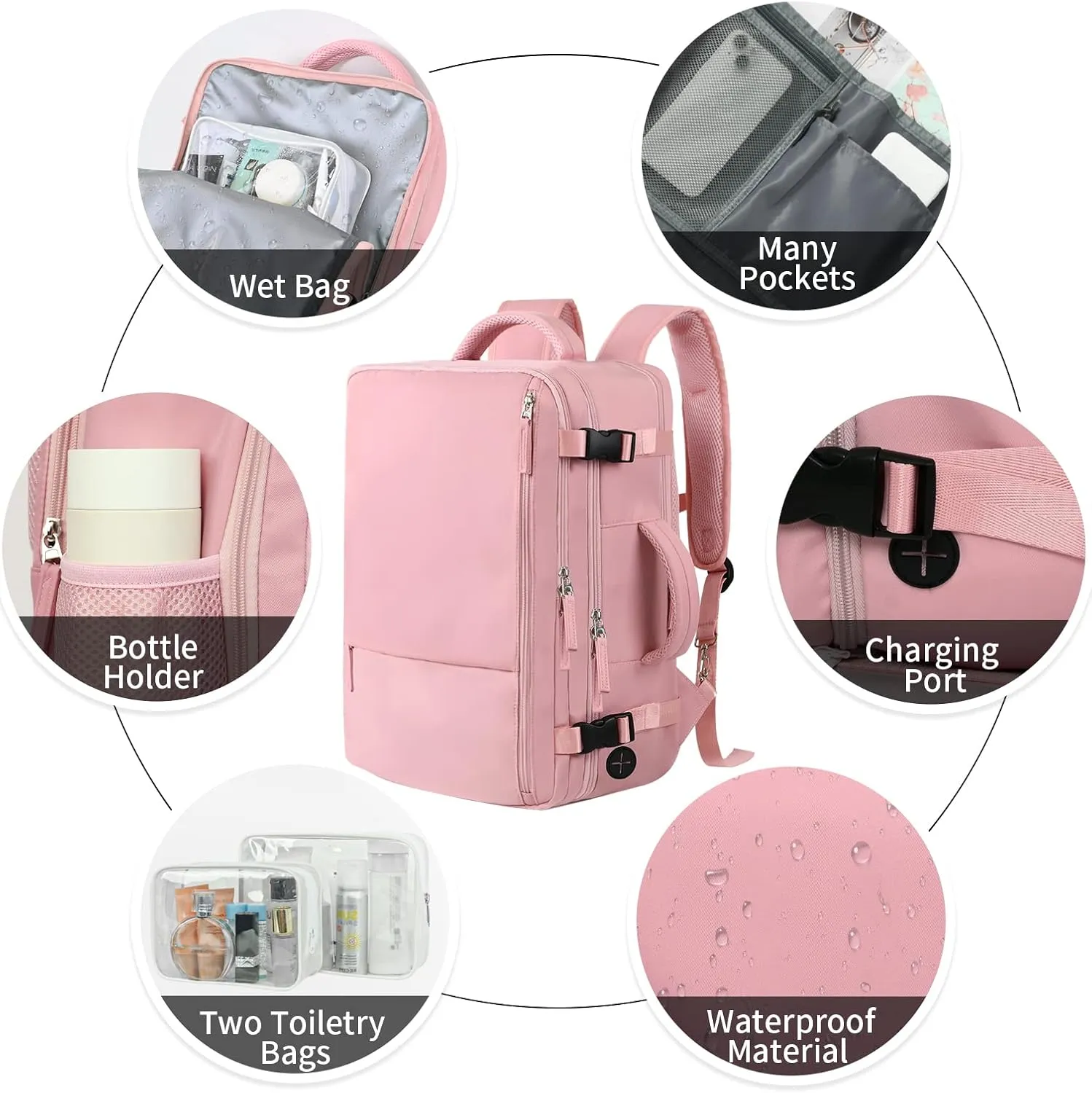 Hanples Travel Backpack for Women as Person Item Flight Approved, Large Carry On 17.3 Inch Laptop, Waterproof, Hiking, Casual Bag (Pink)